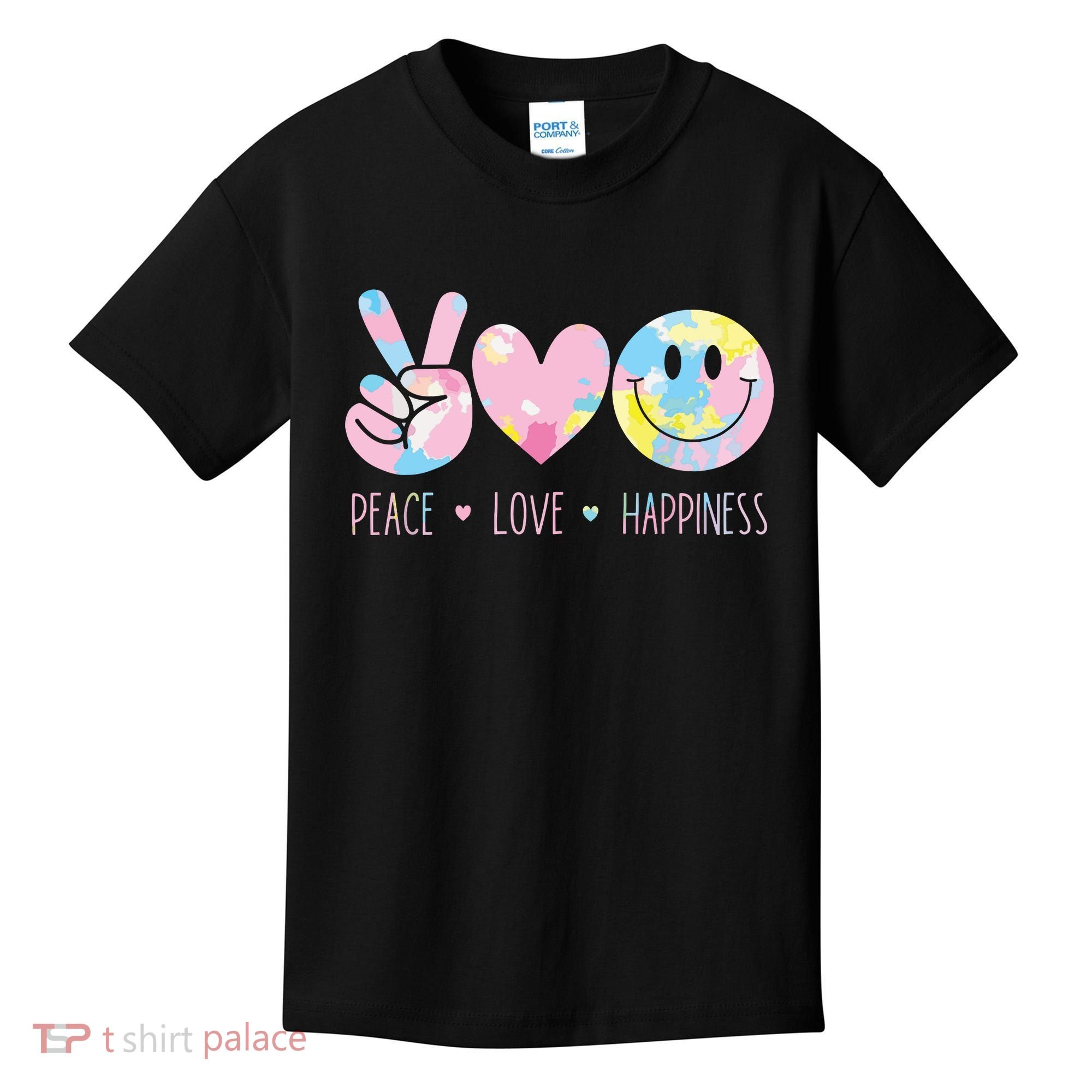 Peace Love Happiness Rainbow Tie Dye Smile Face Cute Kids T-Shirt