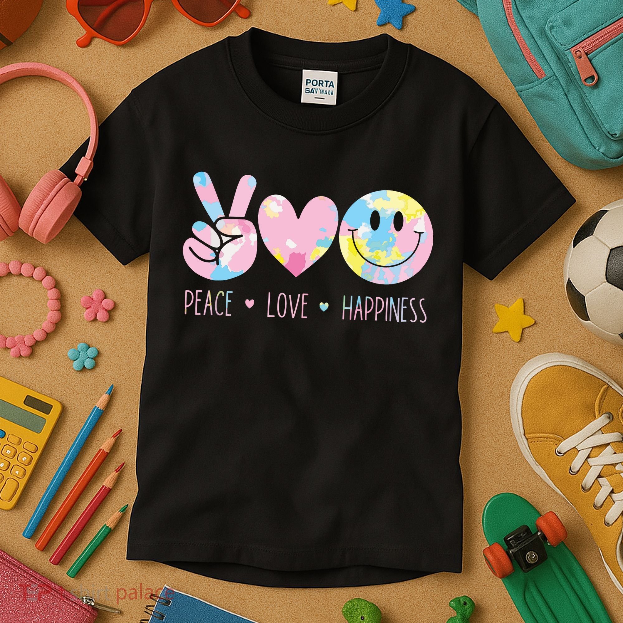 Peace Love Happiness Rainbow Tie Dye Smile Face Cute Kids T-Shirt