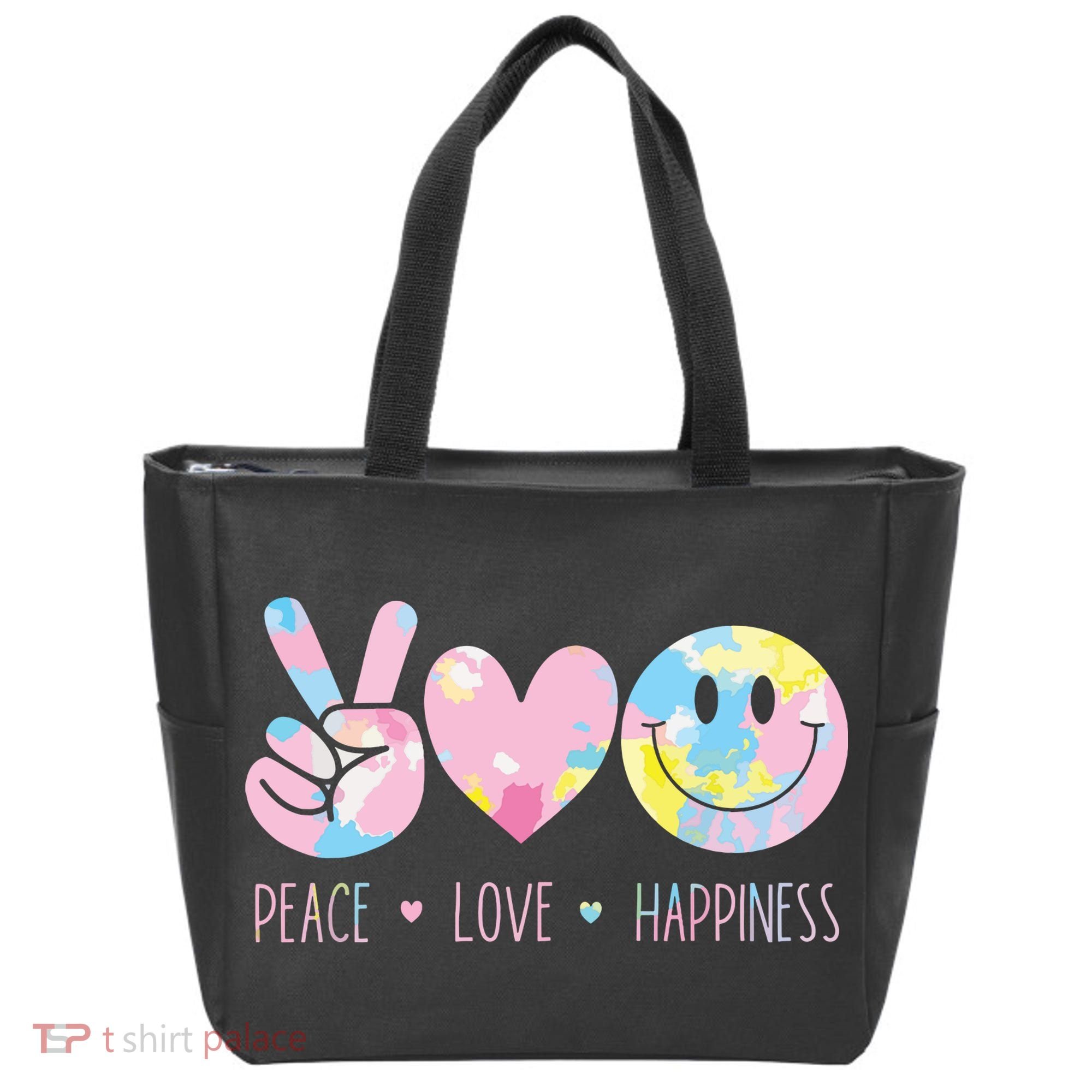 Peace Love Happiness Rainbow Tie Dye Smile Face Cute Tote Bag