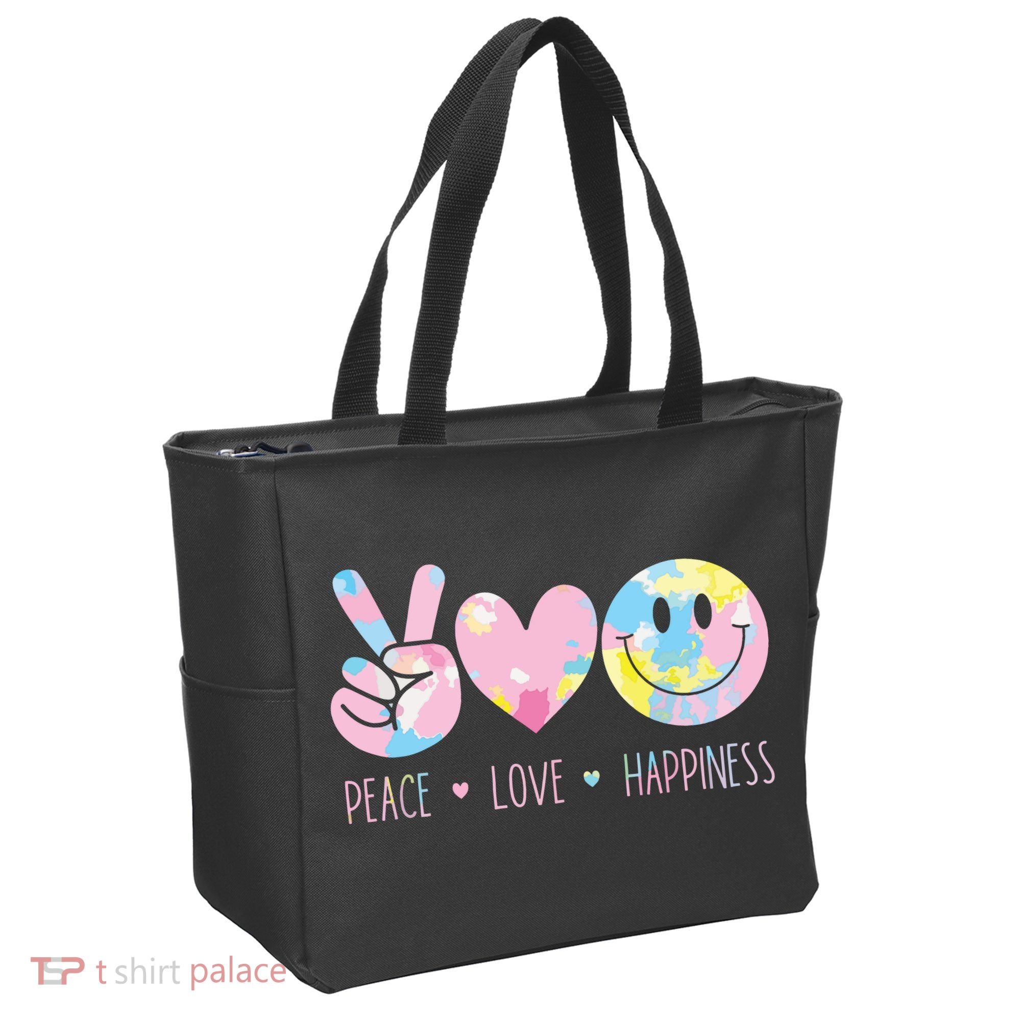 Peace Love Happiness Rainbow Tie Dye Smile Face Cute Tote Bag
