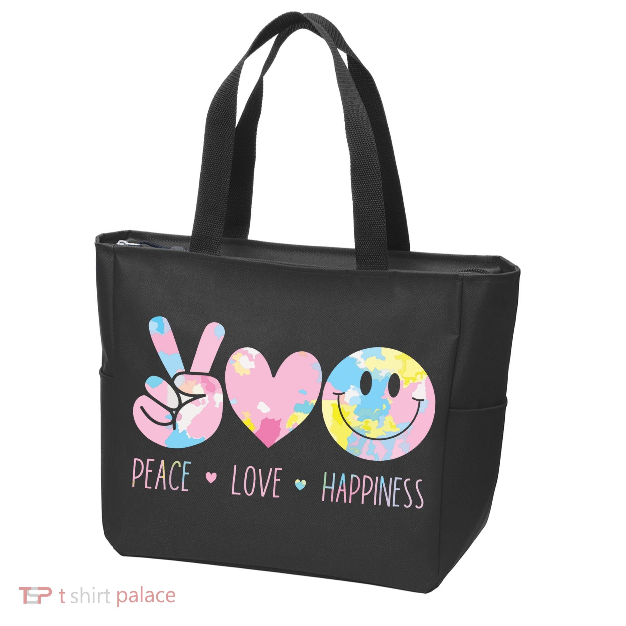Peace Love Happiness Rainbow Tie Dye Smile Face Cute Tote Bag