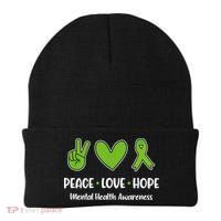 Peace Love Hope Mental Health Awareness Green Ribbon Funny Beanie thumb 0