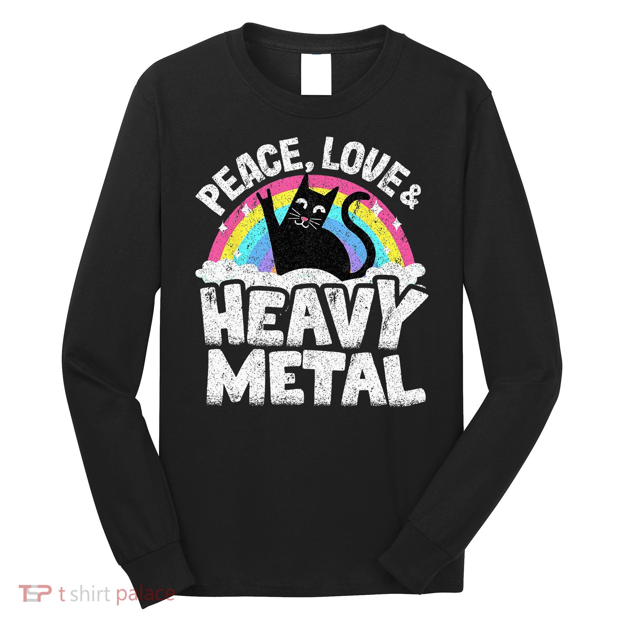 Peace Love & Heavy Metal Cat Kids Punk Band Metal Rainbow Long Sleeve Shirt