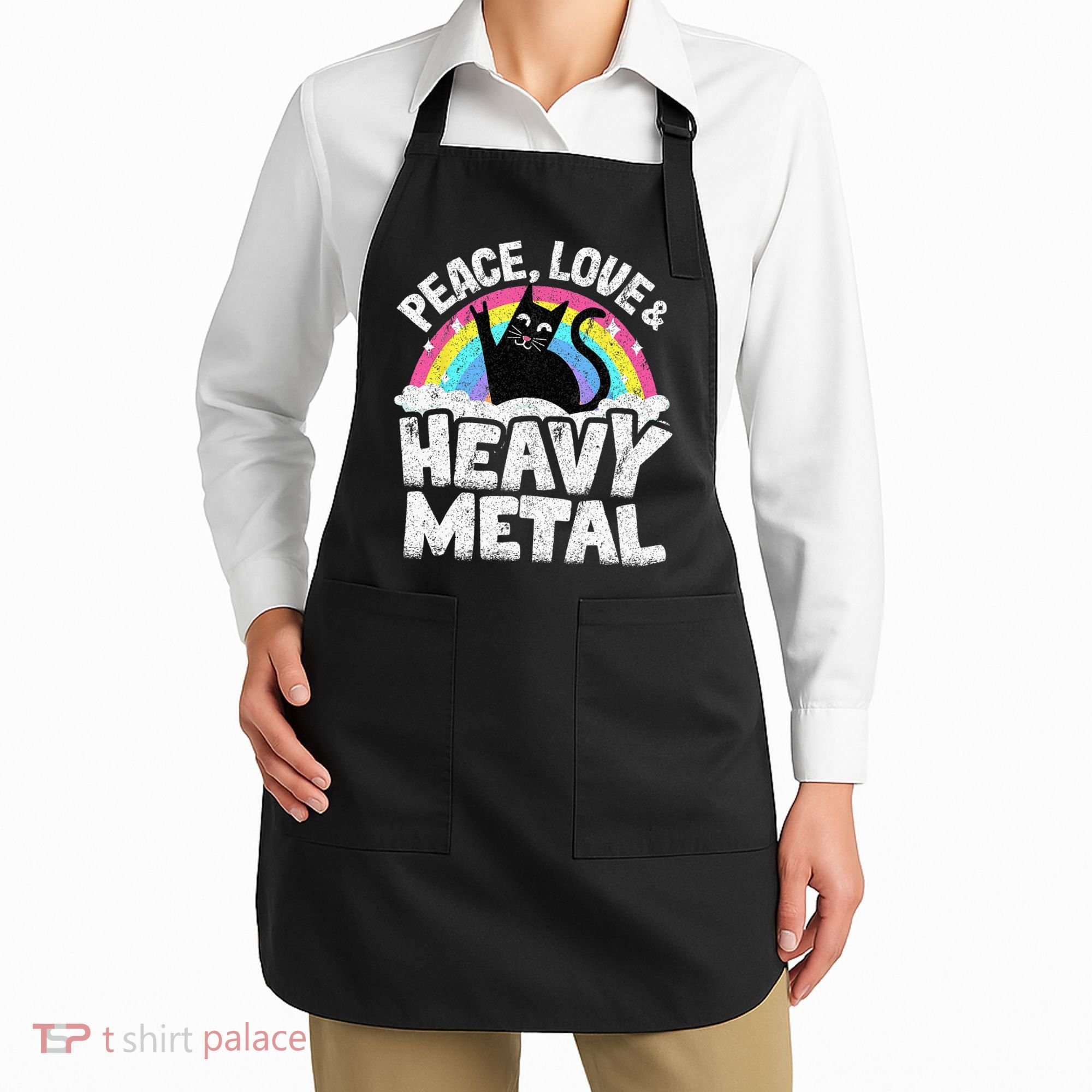 Peace Love & Heavy Metal Cat Kids Punk Band Metal Rainbow Apron