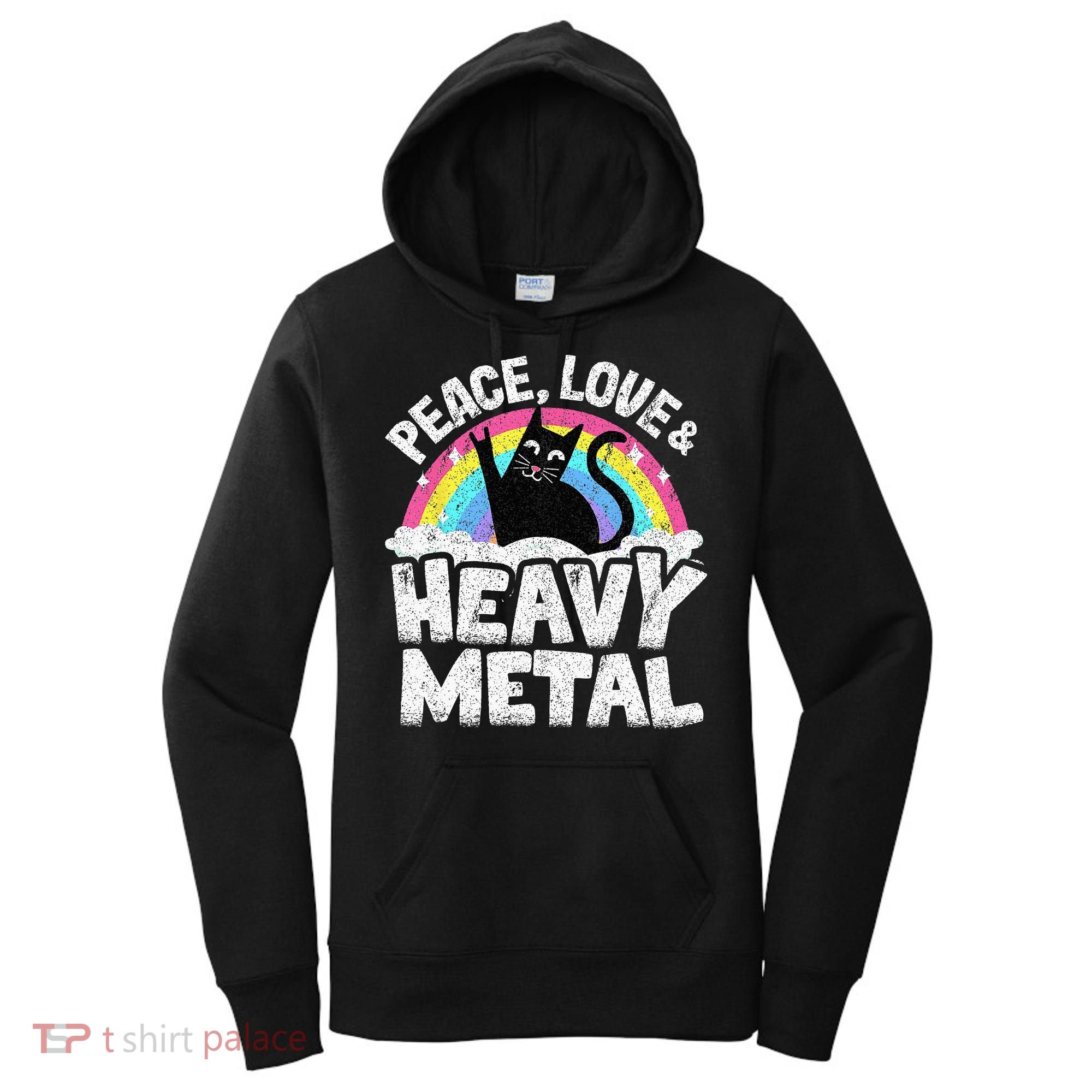 Peace Love & Heavy Metal Cat Kids Punk Band Metal Rainbow Women's Hoodie