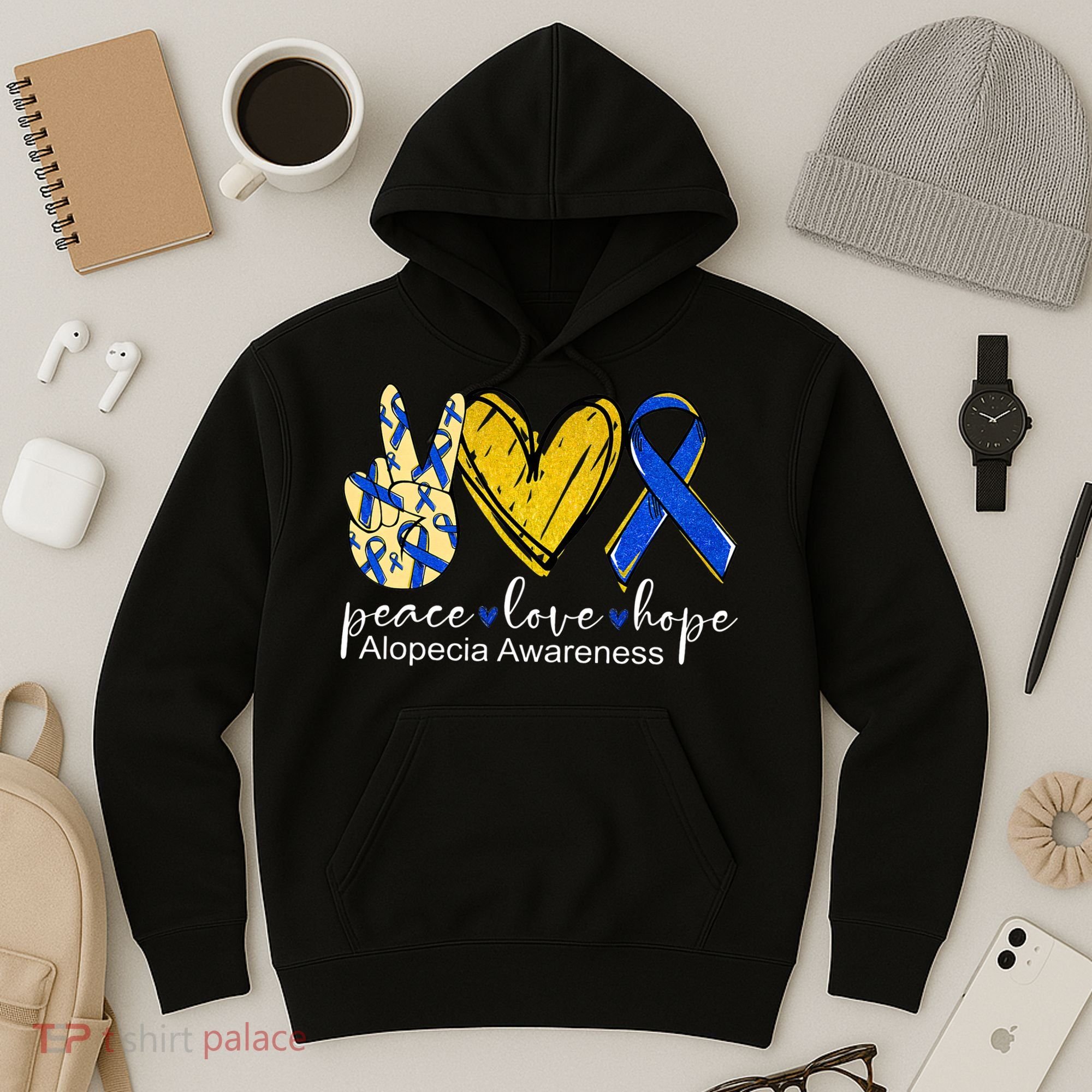Peace Love Hope Alopecia Awareness Blue Ribbon Hoodie