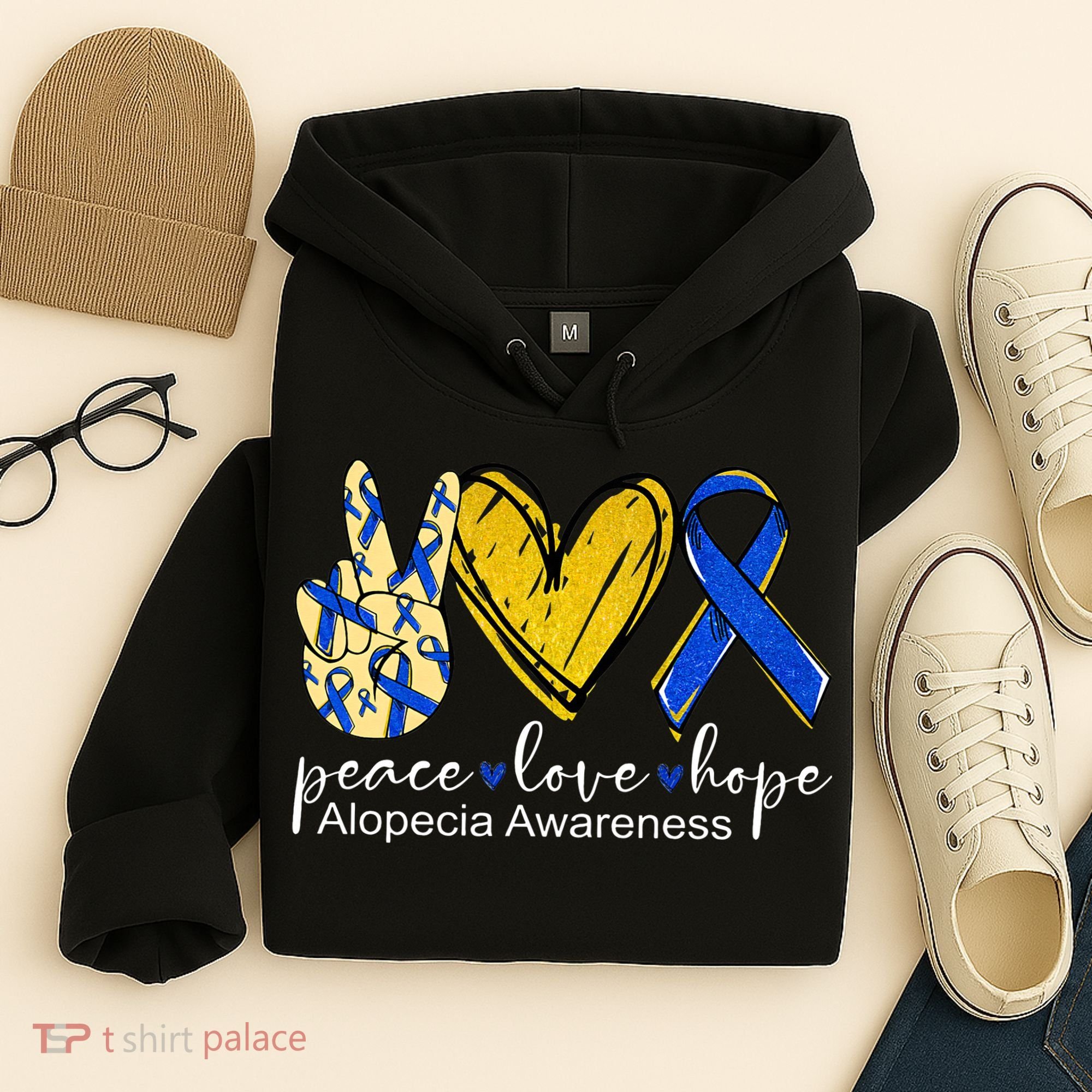 Peace Love Hope Alopecia Awareness Blue Ribbon Hoodie