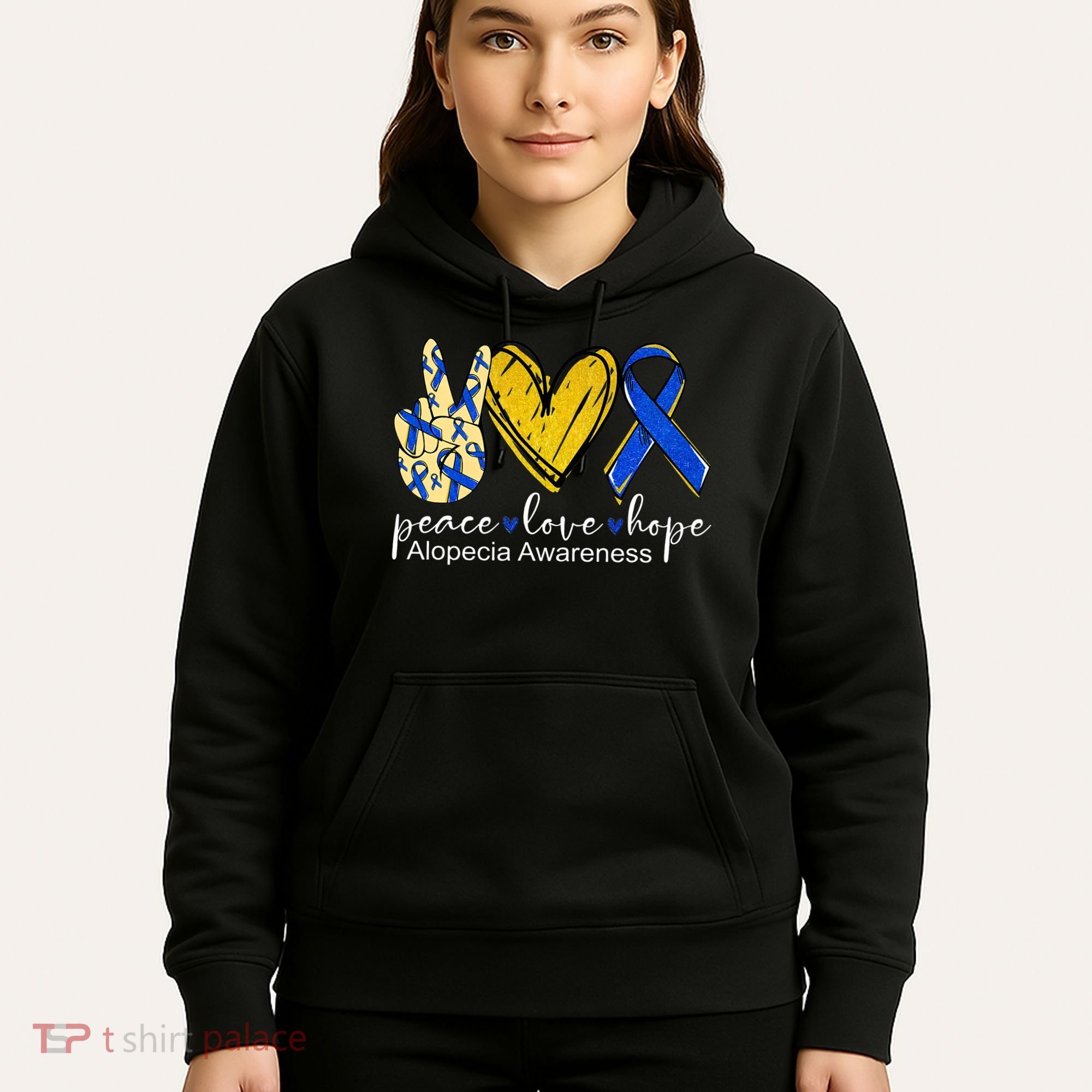 Peace Love Hope Alopecia Awareness Blue Ribbon Hoodie