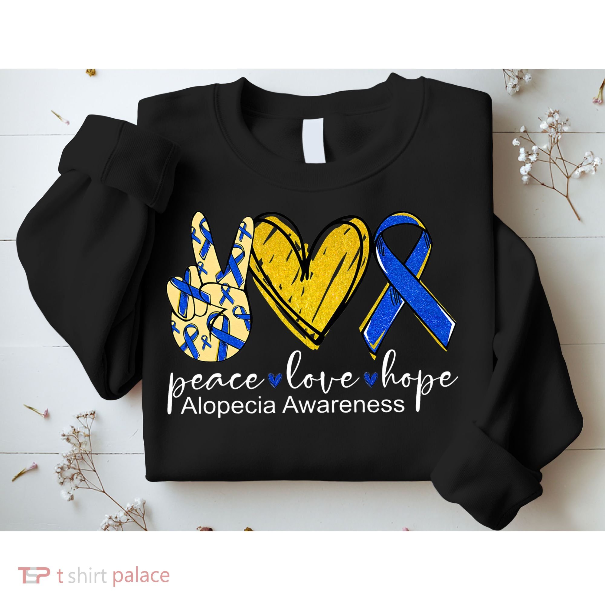 Peace Love Hope Alopecia Awareness Blue Ribbon Sweatshirt