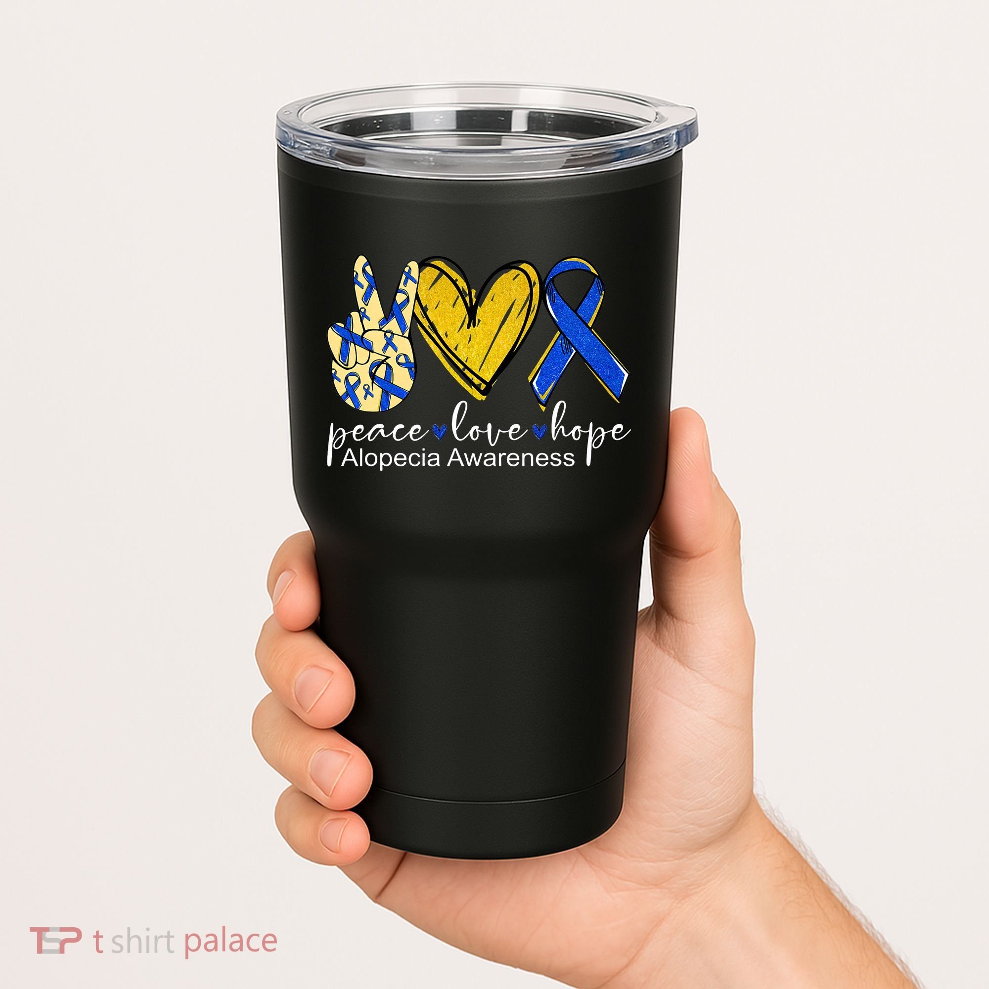 Peace Love Hope Alopecia Awareness Blue Ribbon Tumbler