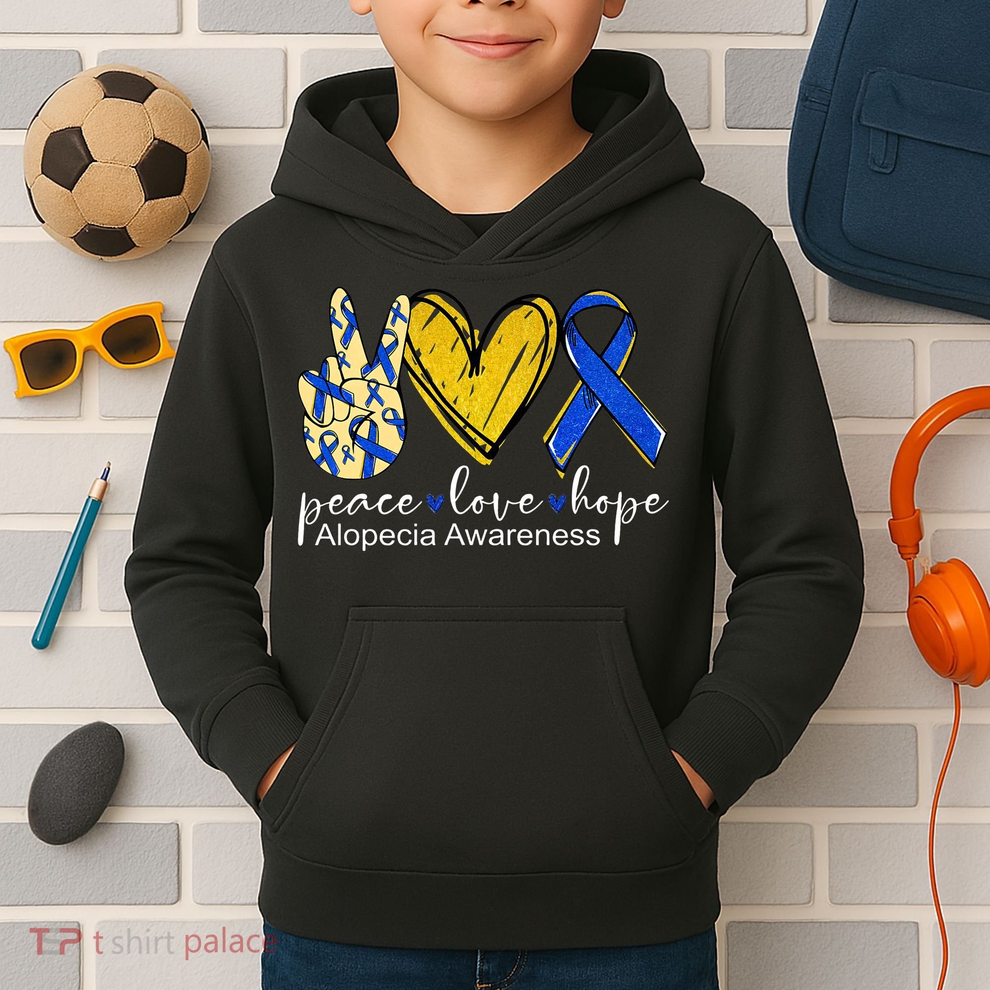 Peace Love Hope Alopecia Awareness Blue Ribbon Kids Hoodie