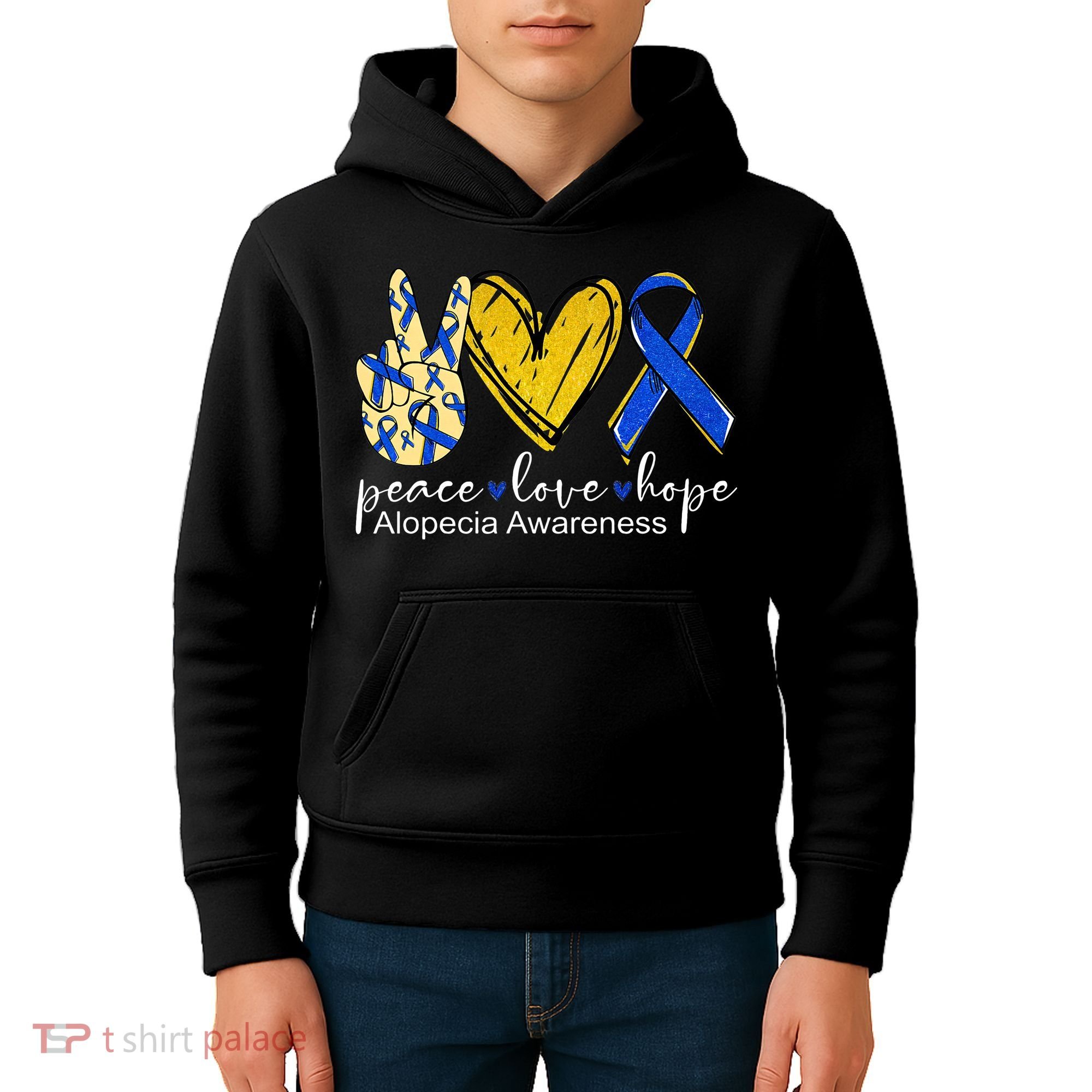 Peace Love Hope Alopecia Awareness Blue Ribbon Kids Hoodie