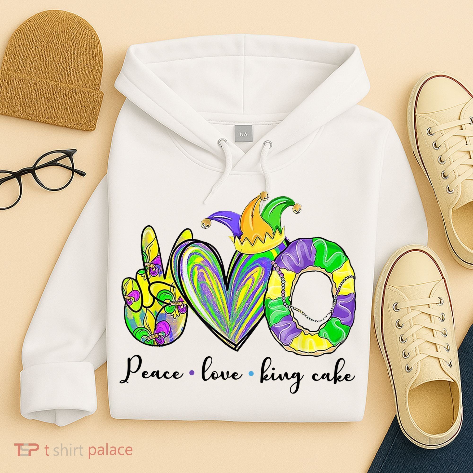 Peace Love King Cake Mardi Gras Hoodie