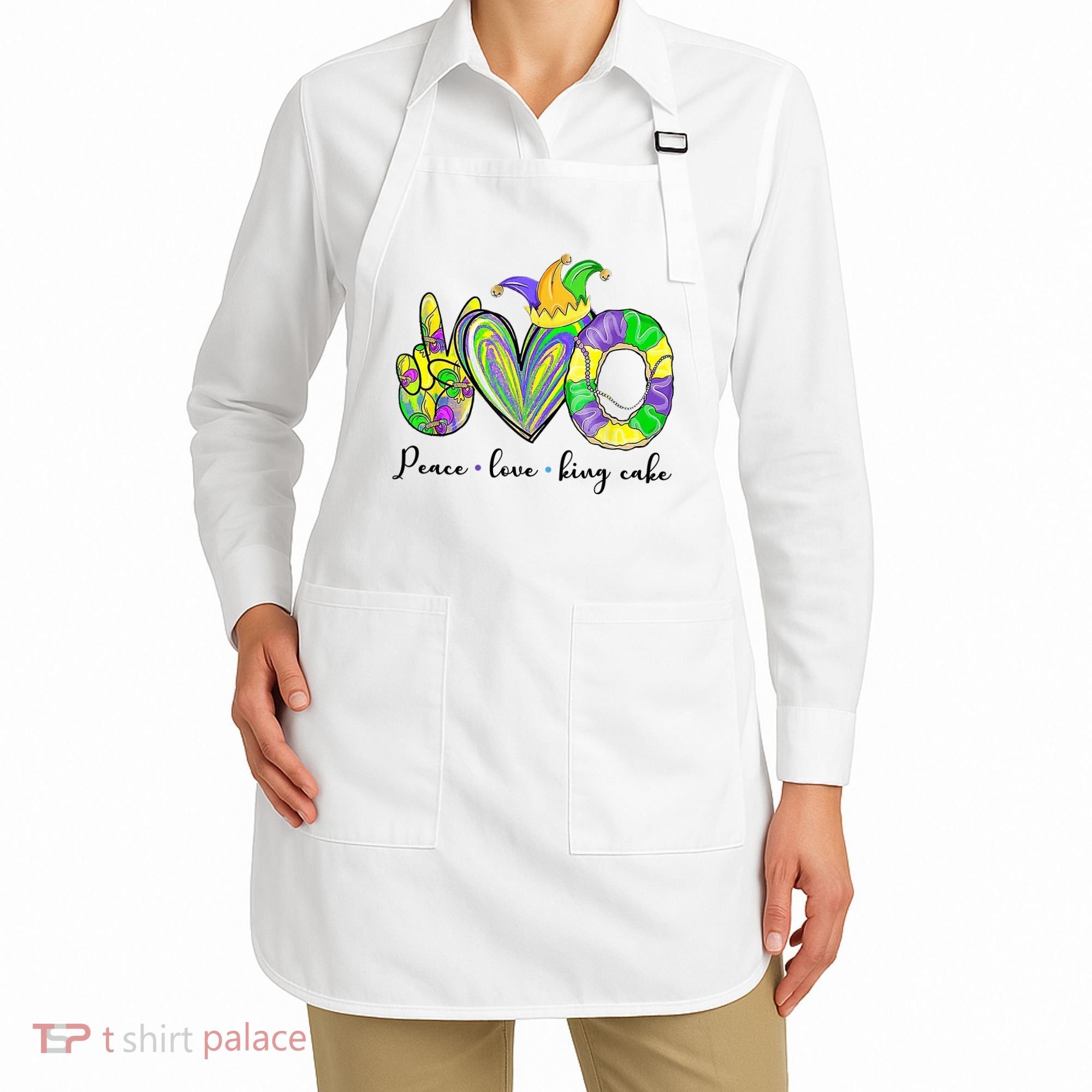 Peace Love King Cake Mardi Gras Apron