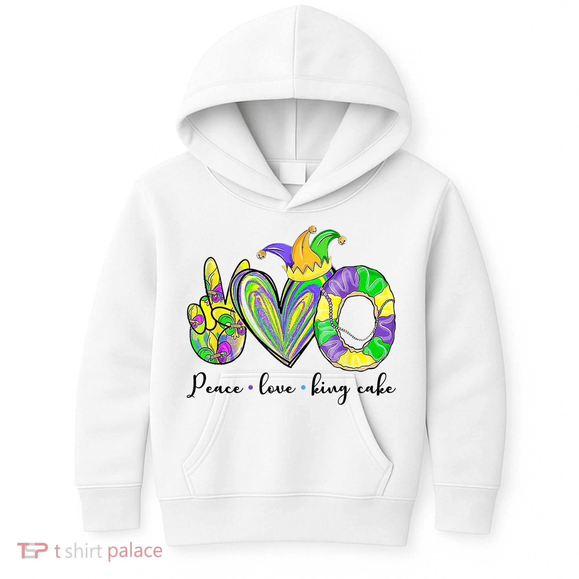Peace Love King Cake Mardi Gras Kids Hoodie