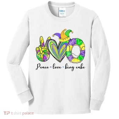 Peace Love King Cake Mardi Gras Kids Long Sleeve Shirt