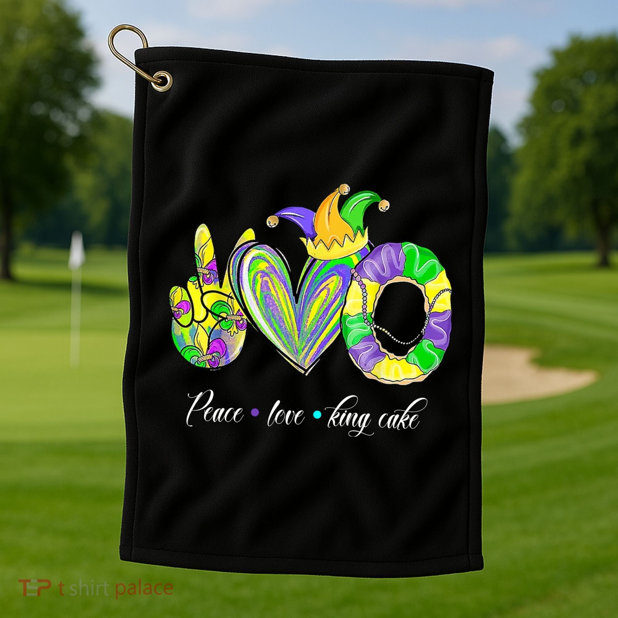 Peace Love King Cake Mardi Gras Golf Towel