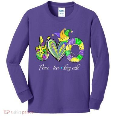 Peace Love King Cake Mardi Gras Kids Long Sleeve Shirt