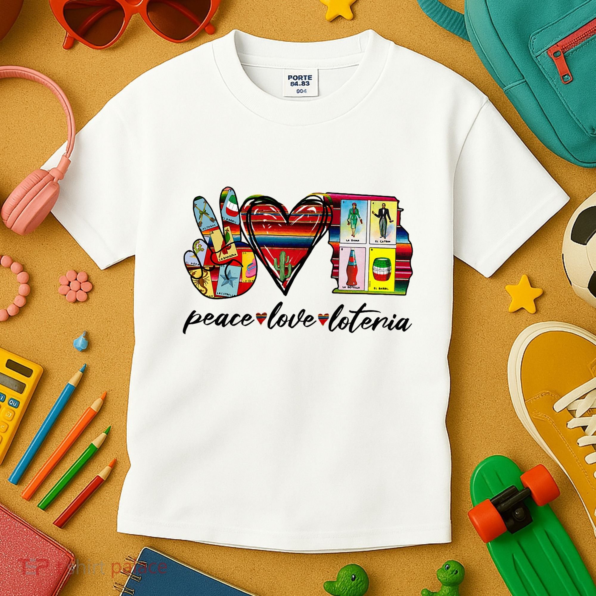 Peace Love Lottery Mexican Bingo Cards Latina Power Mexicana Kids T-Shirt