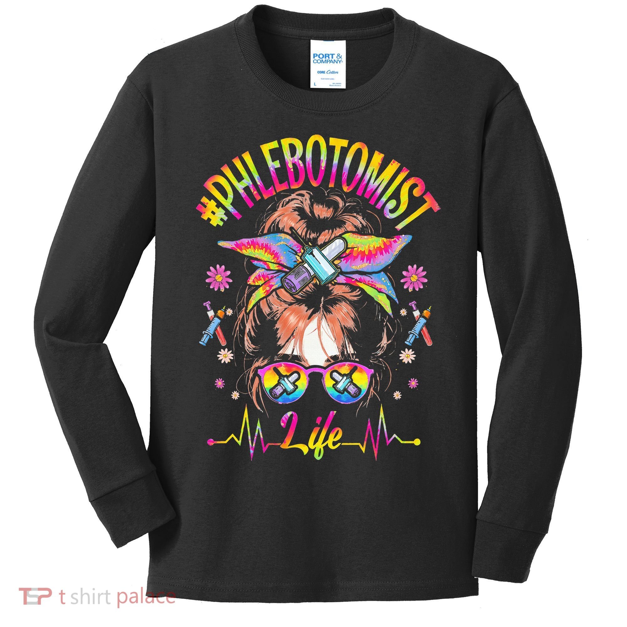 Phlebotomist Life Messy Bun Women Nurse Phlebotomy Kids Long Sleeve Shirt
