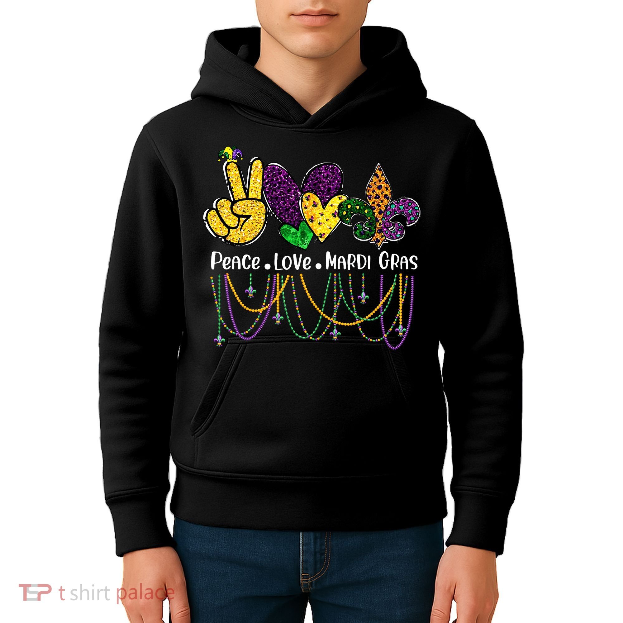 Peace Love Mardi Gras Beads For Women Carnival Parade Kids Hoodie