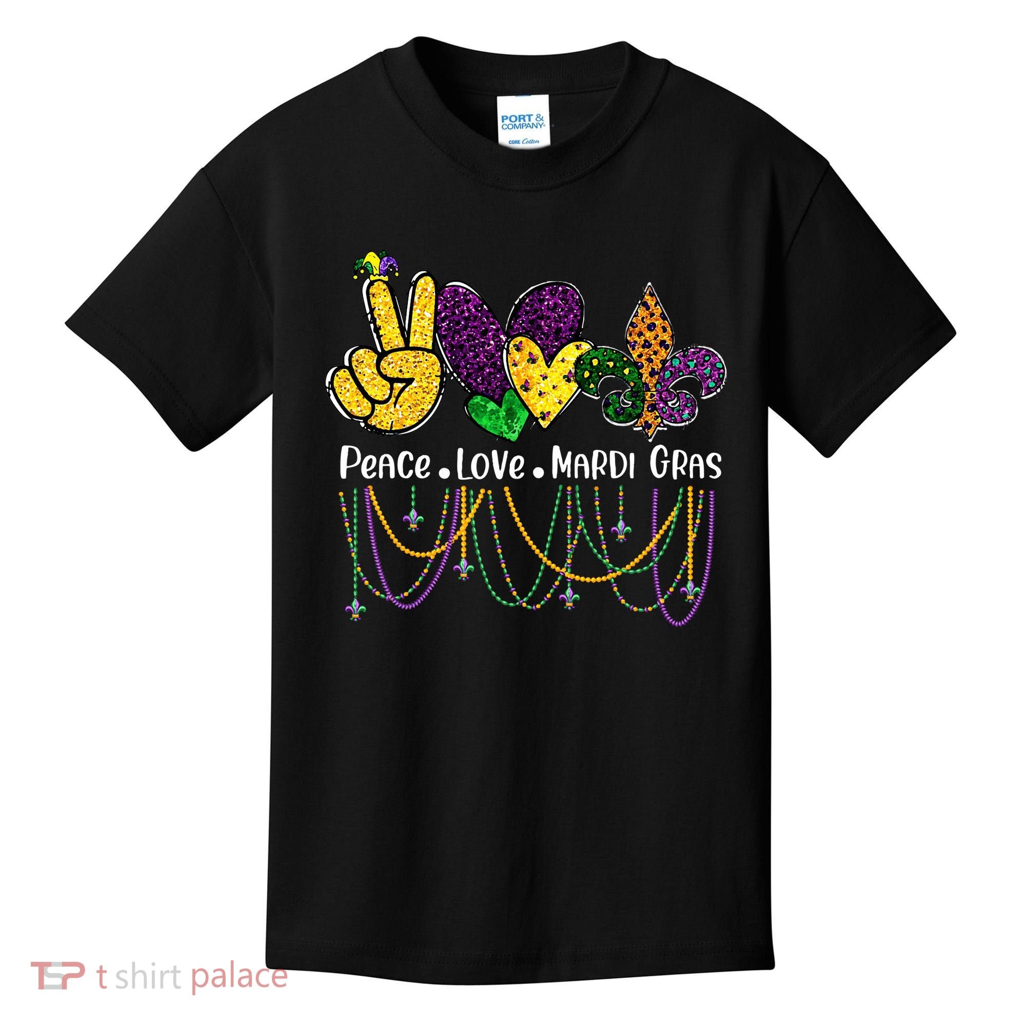 Peace Love Mardi Gras Beads For Women Carnival Parade Kids T-Shirt