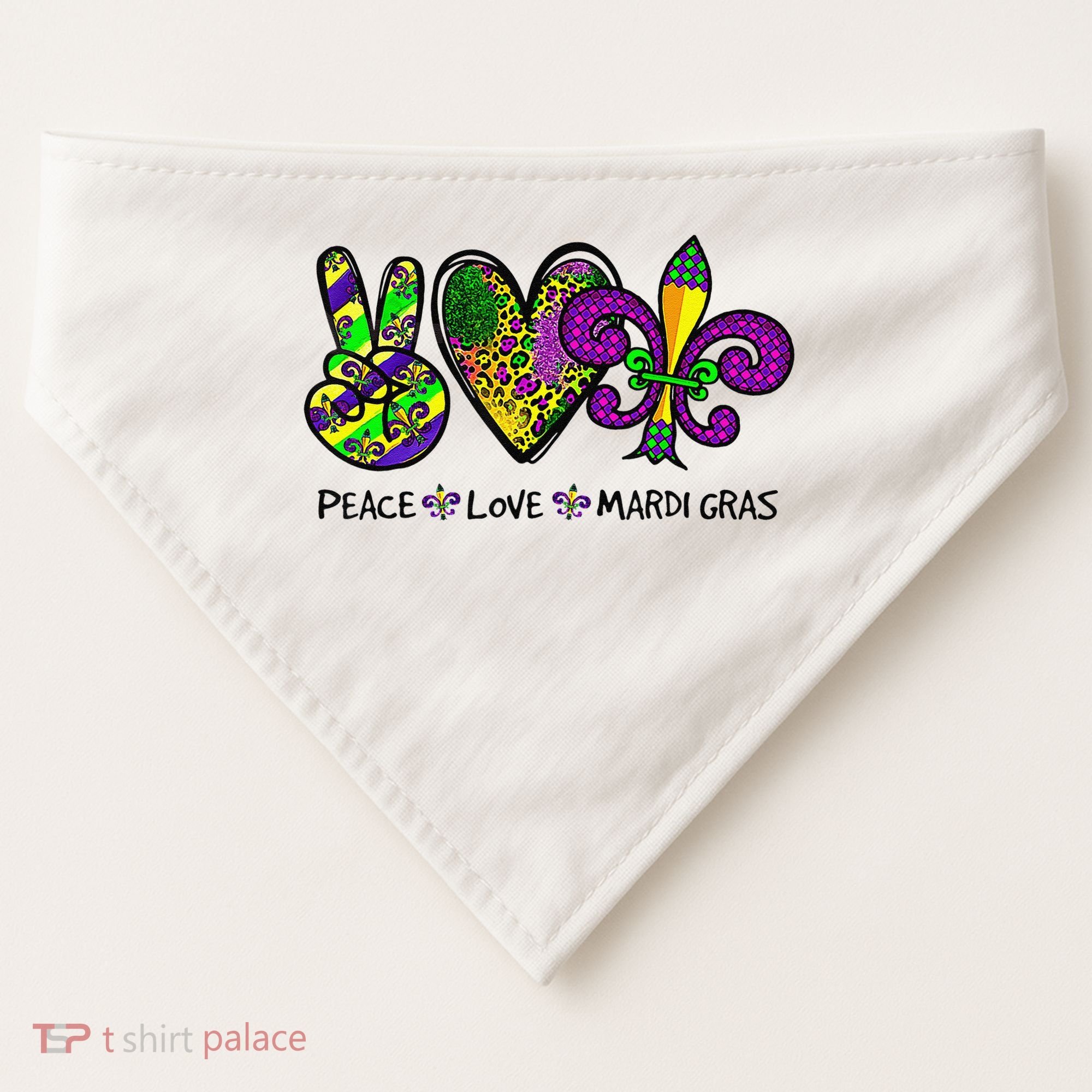 Peace Love Mardi Gras Carnival Funny Holiday USA-Made Doggie Bandana