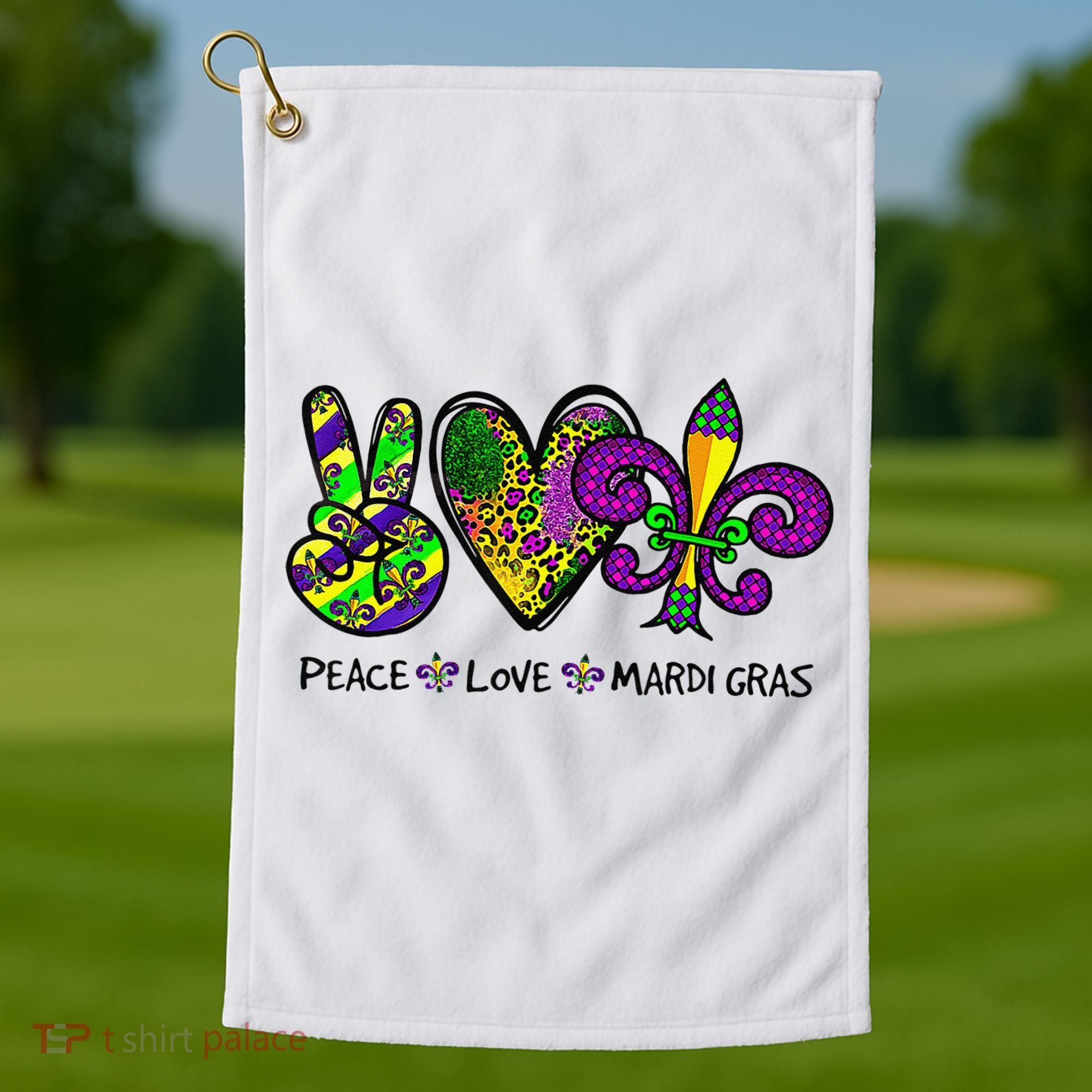 Peace Love Mardi Gras Carnival Funny Holiday Golf Towel