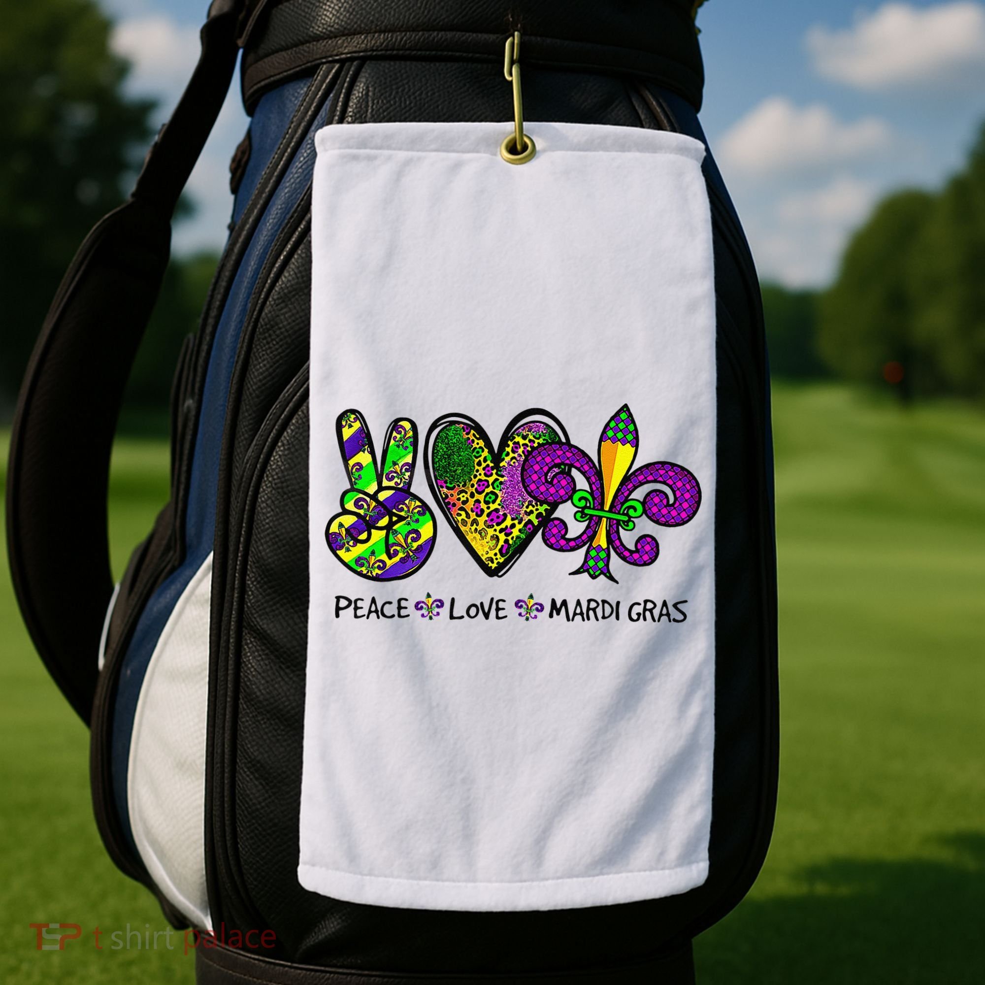 Peace Love Mardi Gras Carnival Funny Holiday Golf Towel