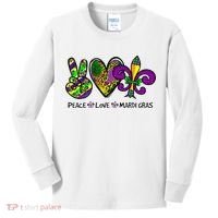 Peace Love Mardi Gras Carnival Funny Holiday Kids Long Sleeve Shirt thumb 0