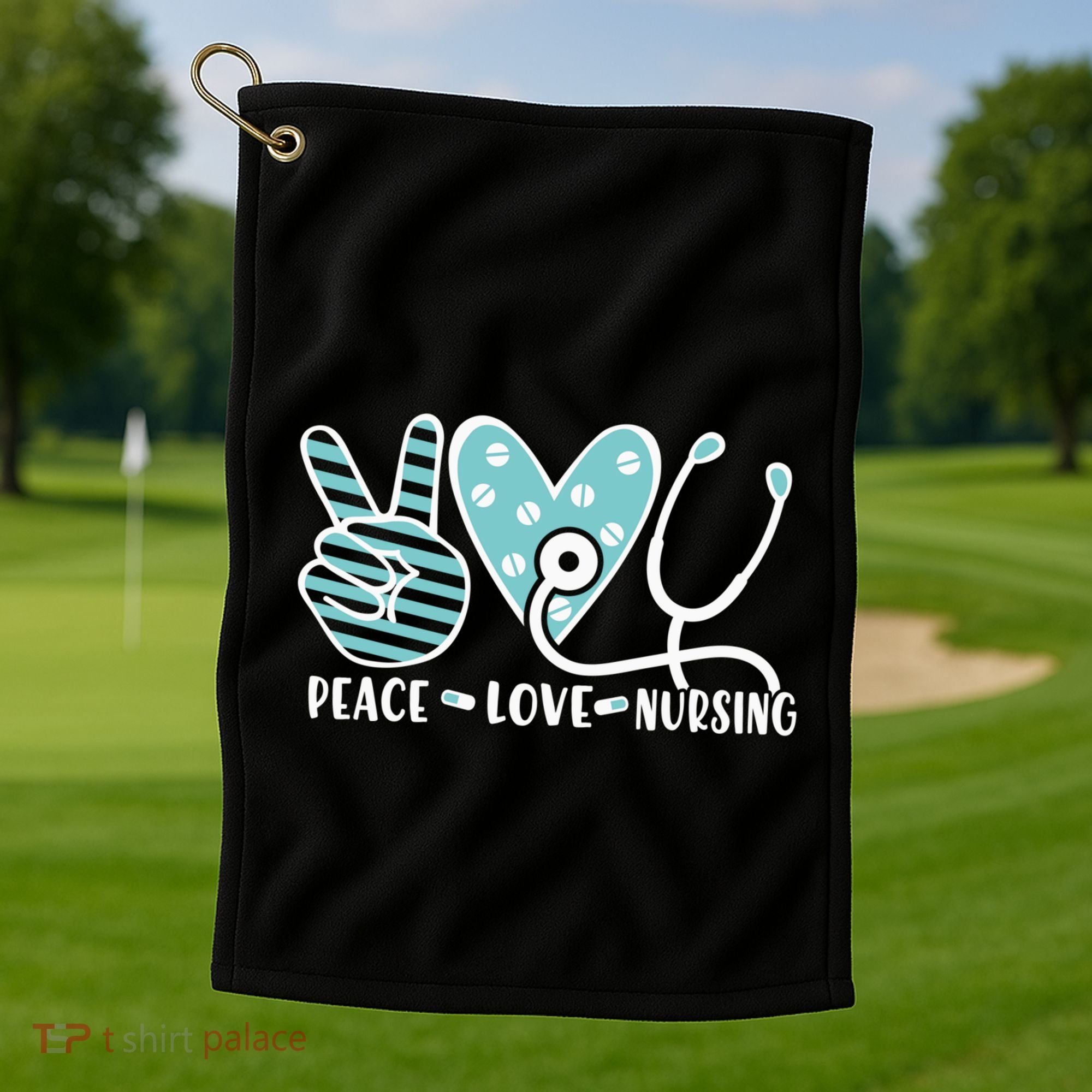 Peace Love Nursing Phonendoscope Heart Funny Nurse Medical Great Gift Golf Towel