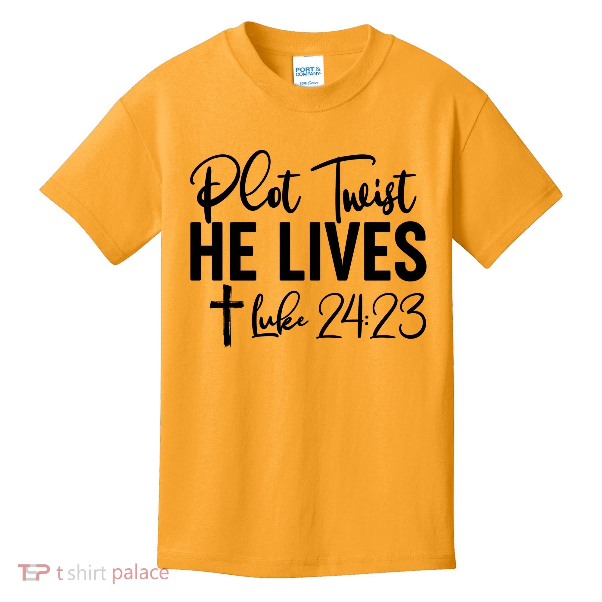 Plot Twist He Lives Luke 24:23 Kids T-Shirt