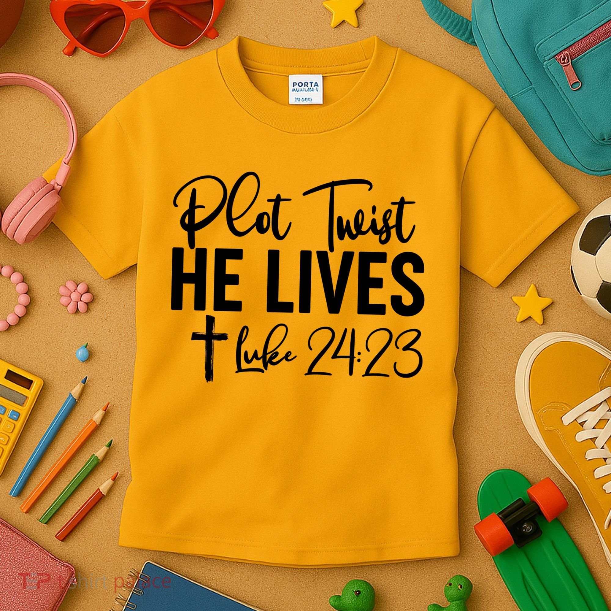 Plot Twist He Lives Luke 24:23 Kids T-Shirt