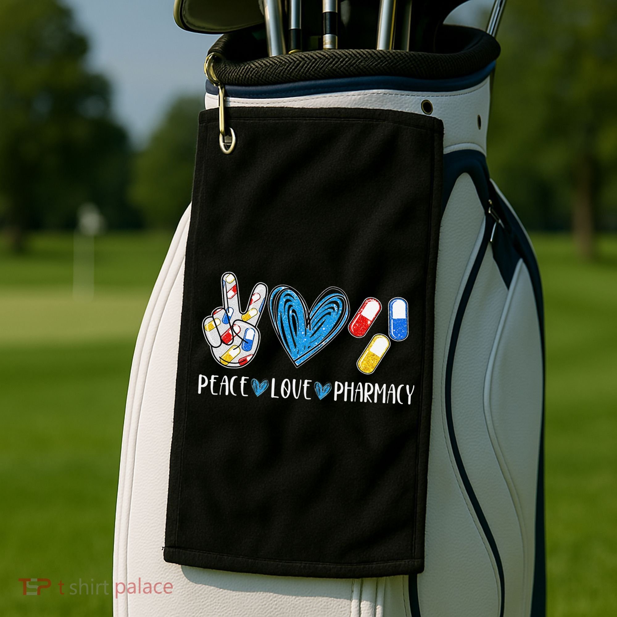Peace Love Pharmacy Funny Pharmacy Tech Golf Towel