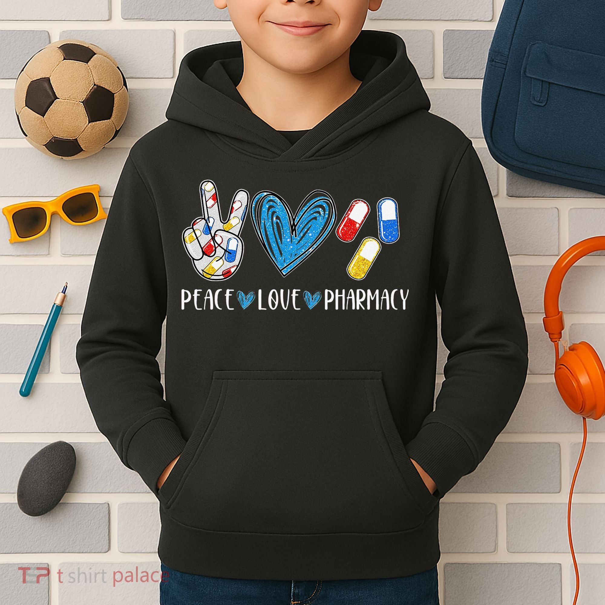Peace Love Pharmacy Funny Pharmacy Tech Kids Hoodie