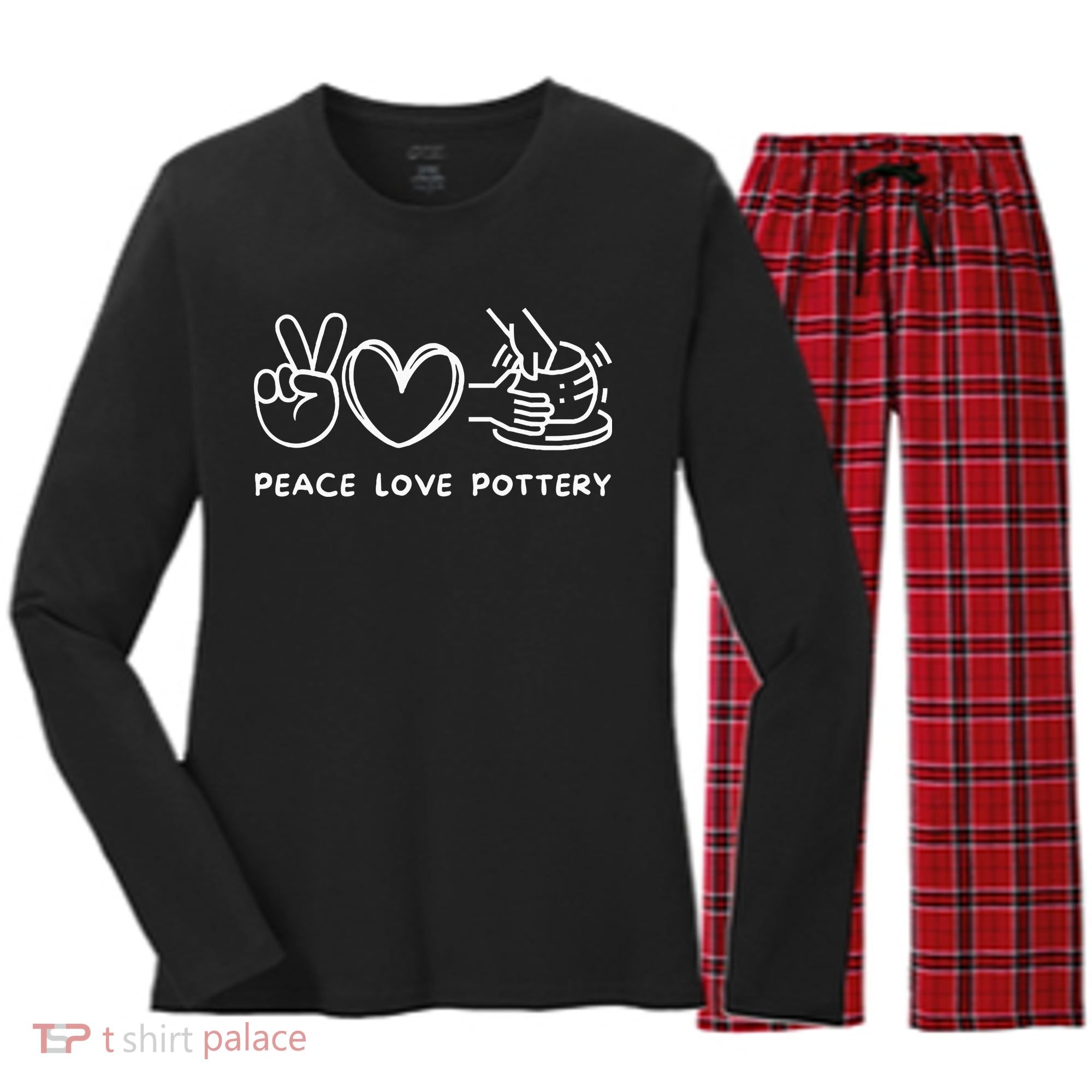 Peace Love Pottery Pottery Lover Ceramics Artist Women's Long Sleeve Flannel Pajama Set 