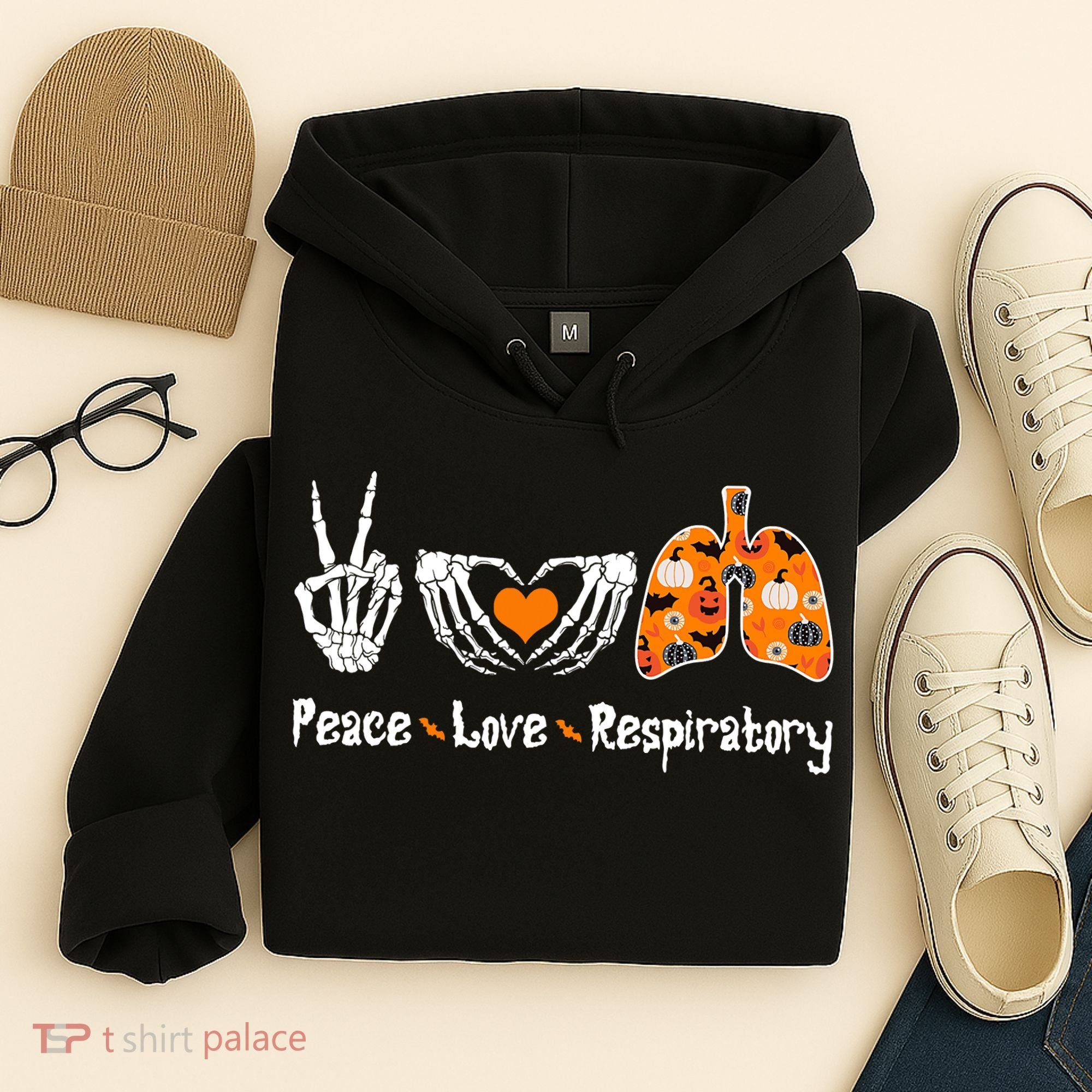 Peace Love Respiratory Therapist Skeleton Halloween Costume Hoodie