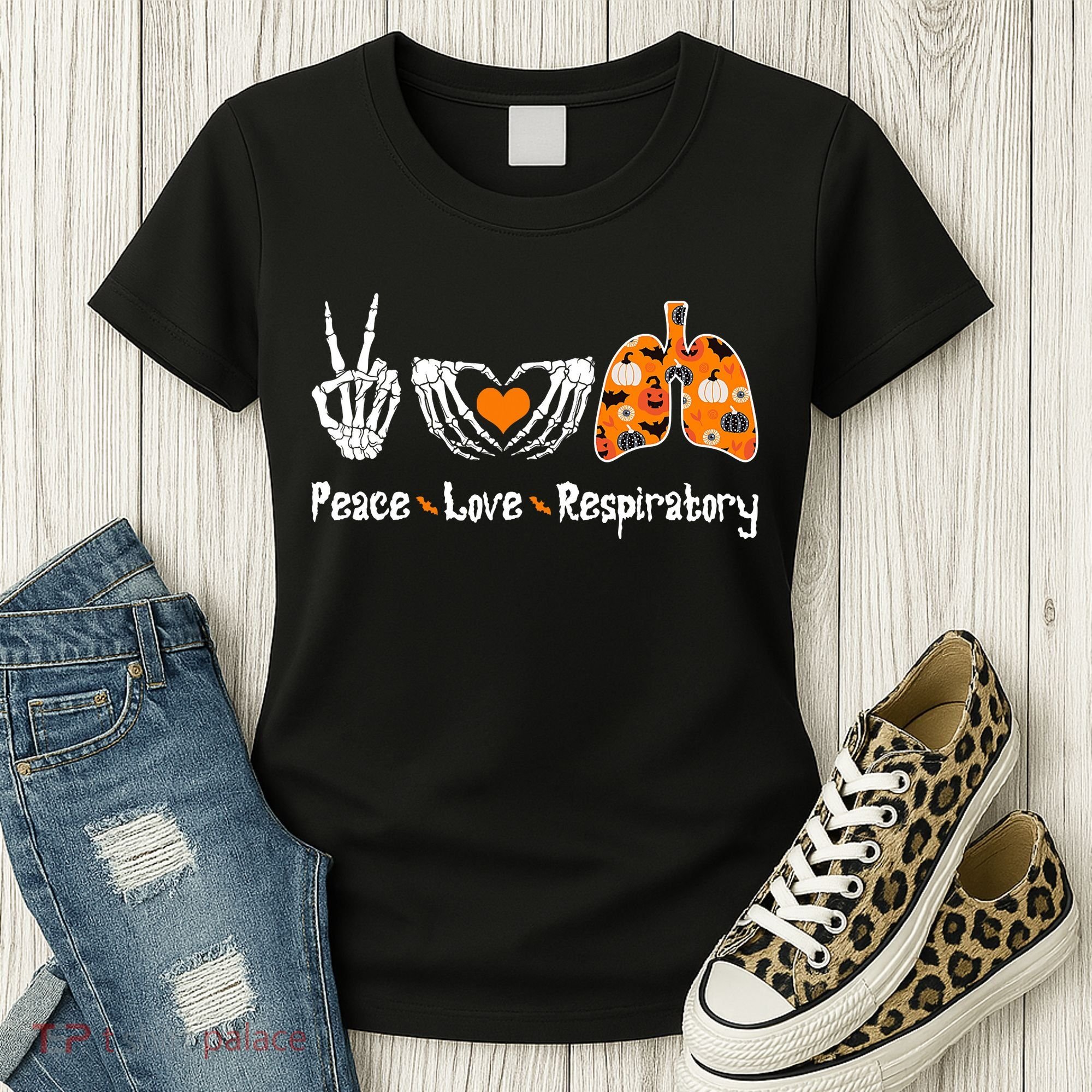 Peace Love Respiratory Therapist Skeleton Halloween Costume Women's T-Shirt
