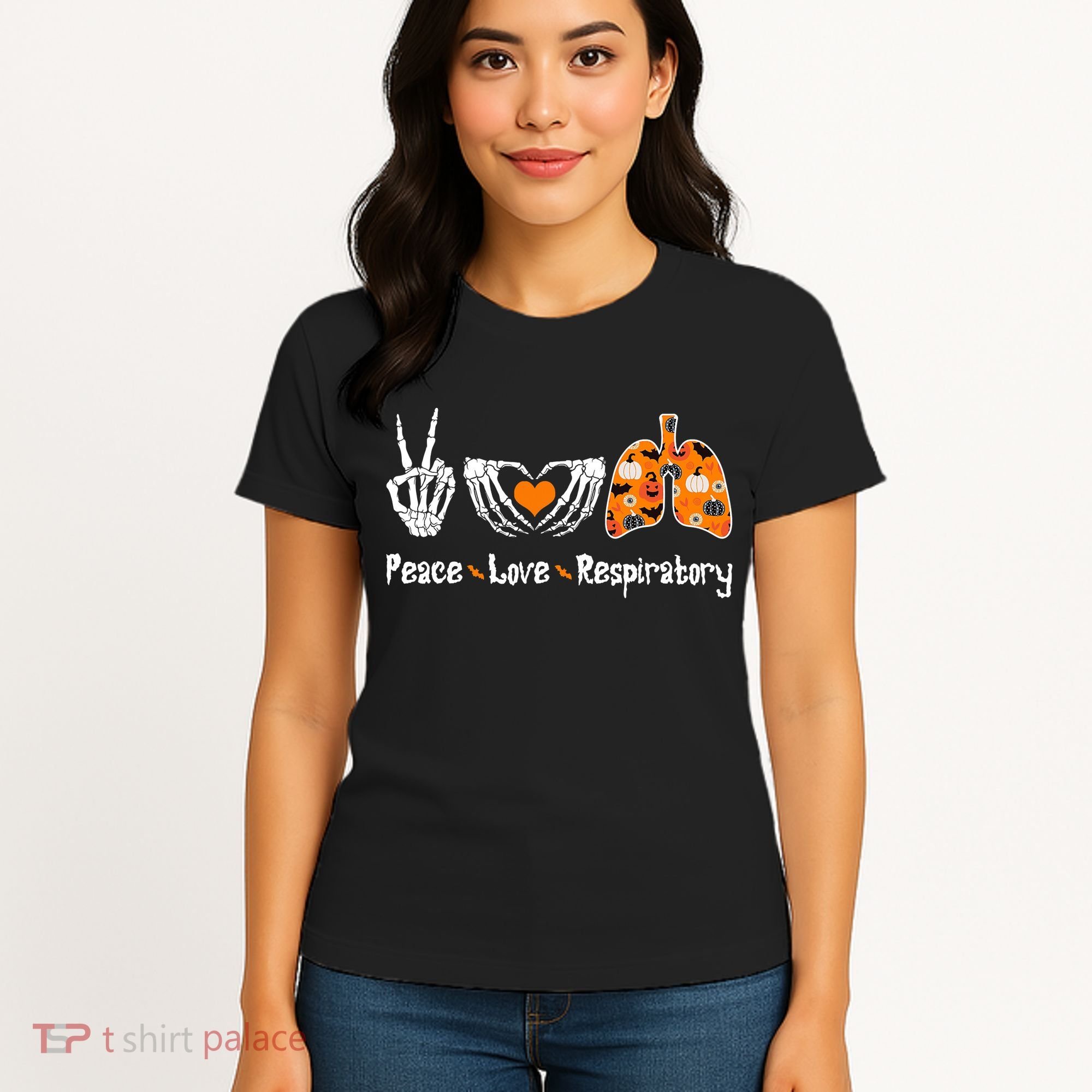 Peace Love Respiratory Therapist Skeleton Halloween Costume Women's T-Shirt