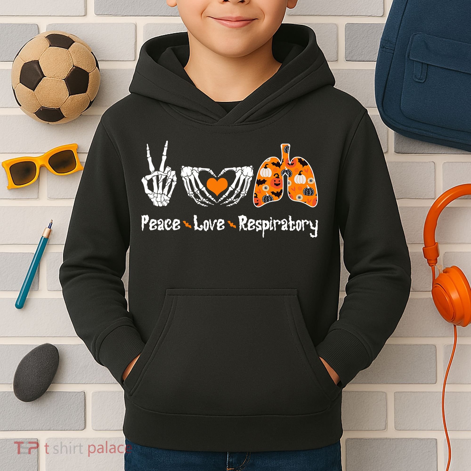Peace Love Respiratory Therapist Skeleton Halloween Costume Kids Hoodie