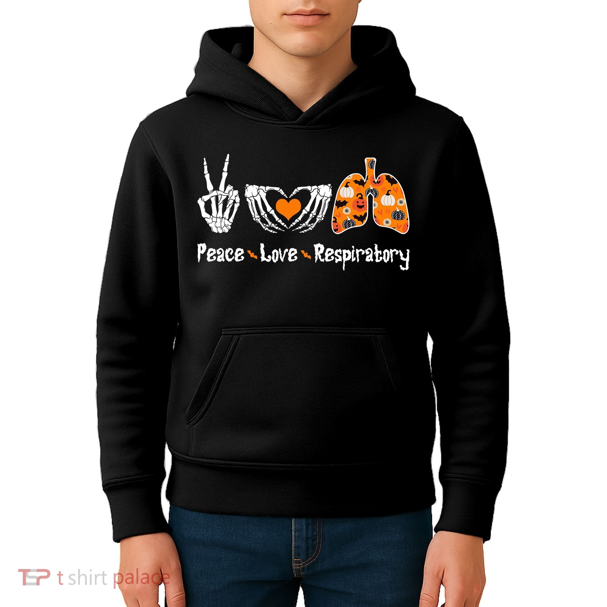 Peace Love Respiratory Therapist Skeleton Halloween Costume Kids Hoodie