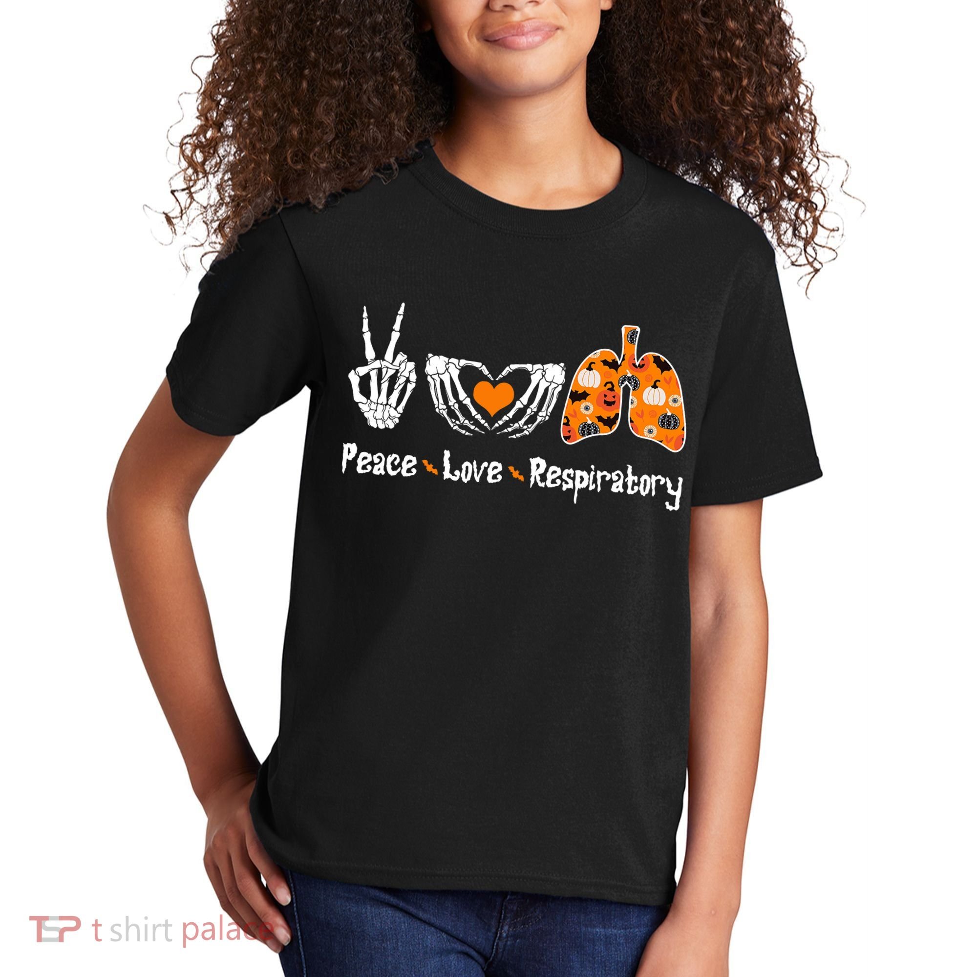 Peace Love Respiratory Therapist Skeleton Halloween Costume Kids T-Shirt