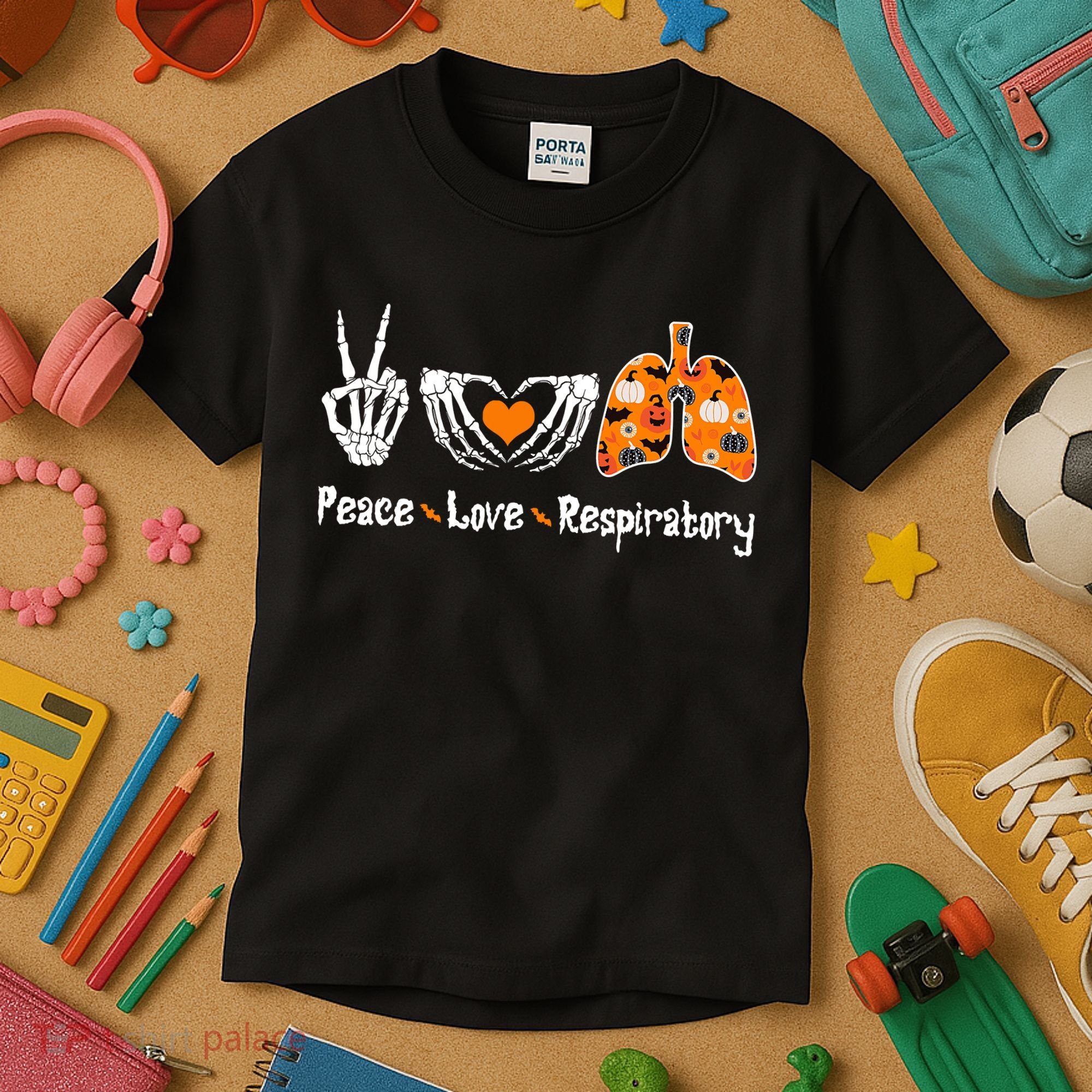 Peace Love Respiratory Therapist Skeleton Halloween Costume Kids T-Shirt