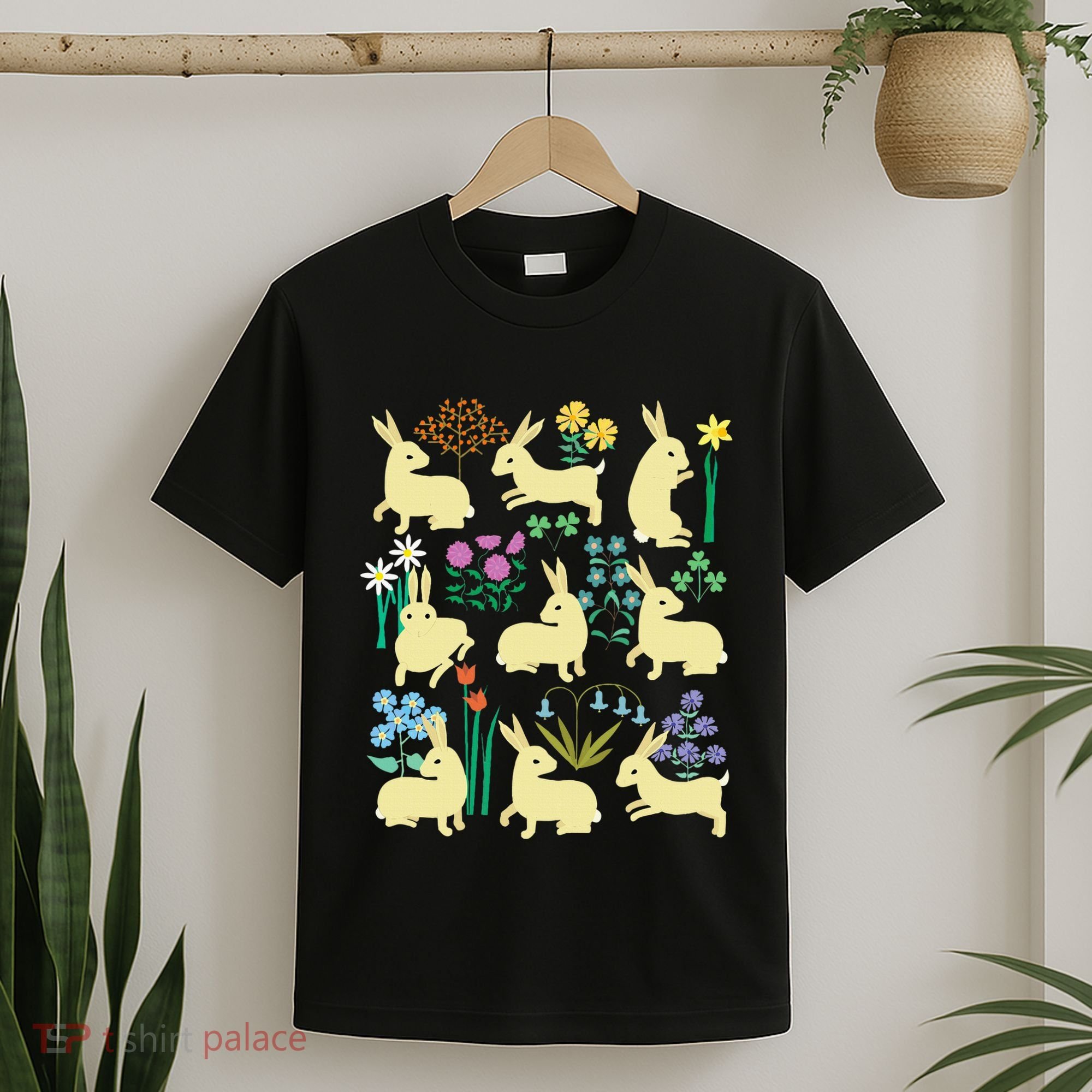 Playful Little Rabbits Among Colorful Flowers T-Shirt