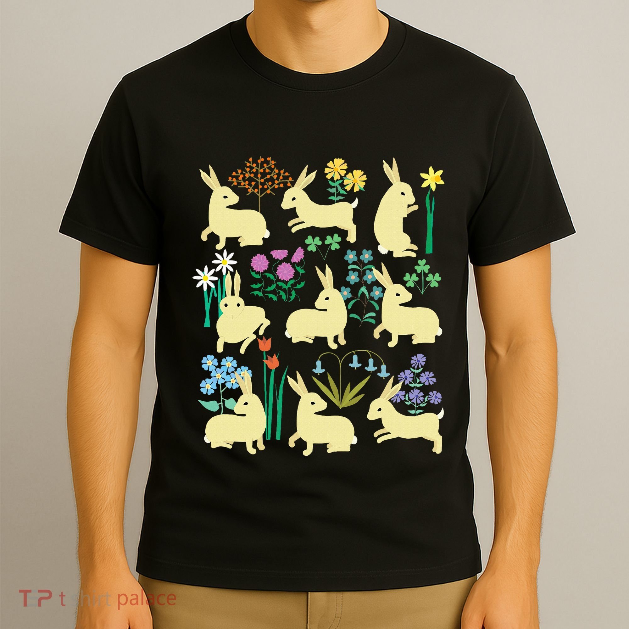 Playful Little Rabbits Among Colorful Flowers T-Shirt