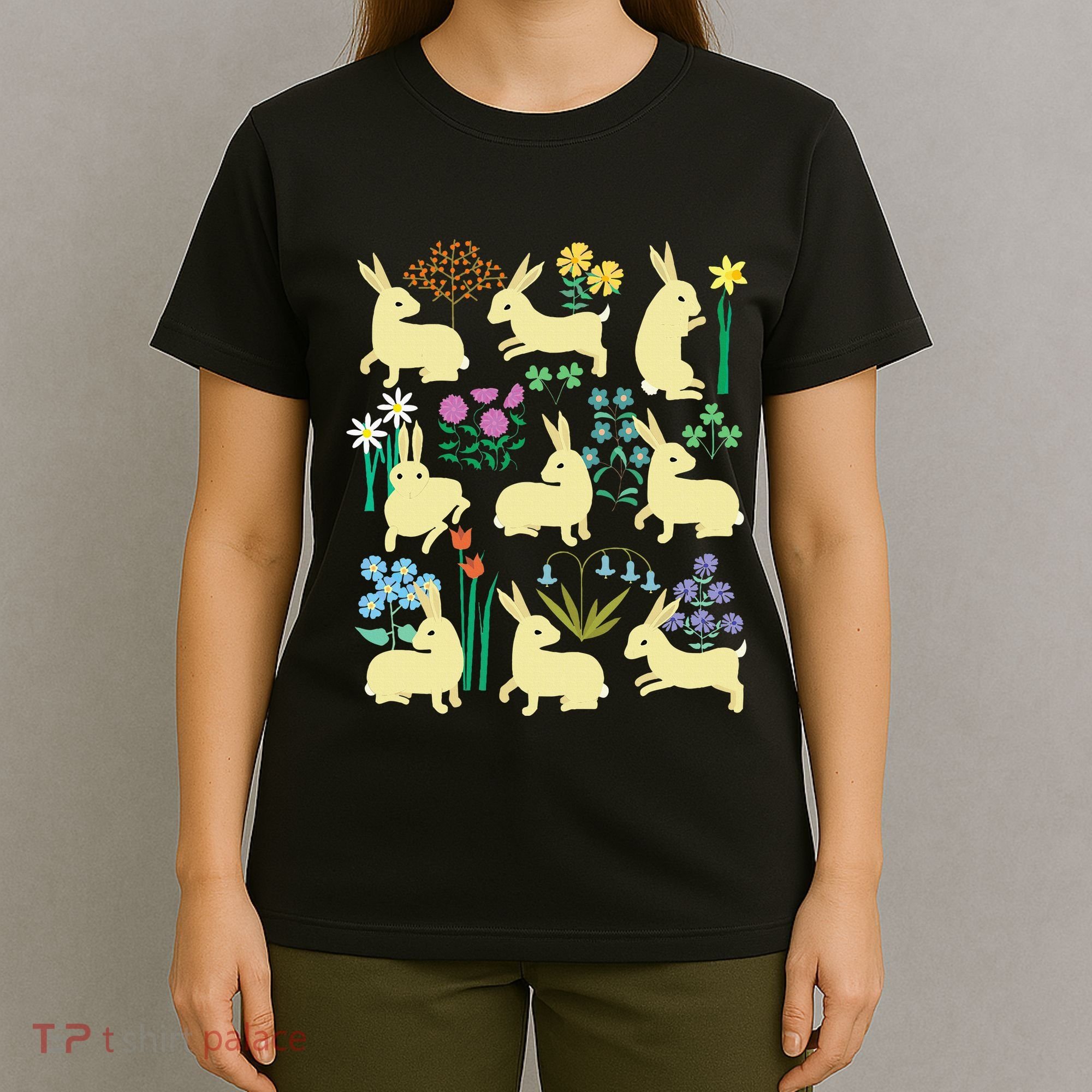 Playful Little Rabbits Among Colorful Flowers T-Shirt