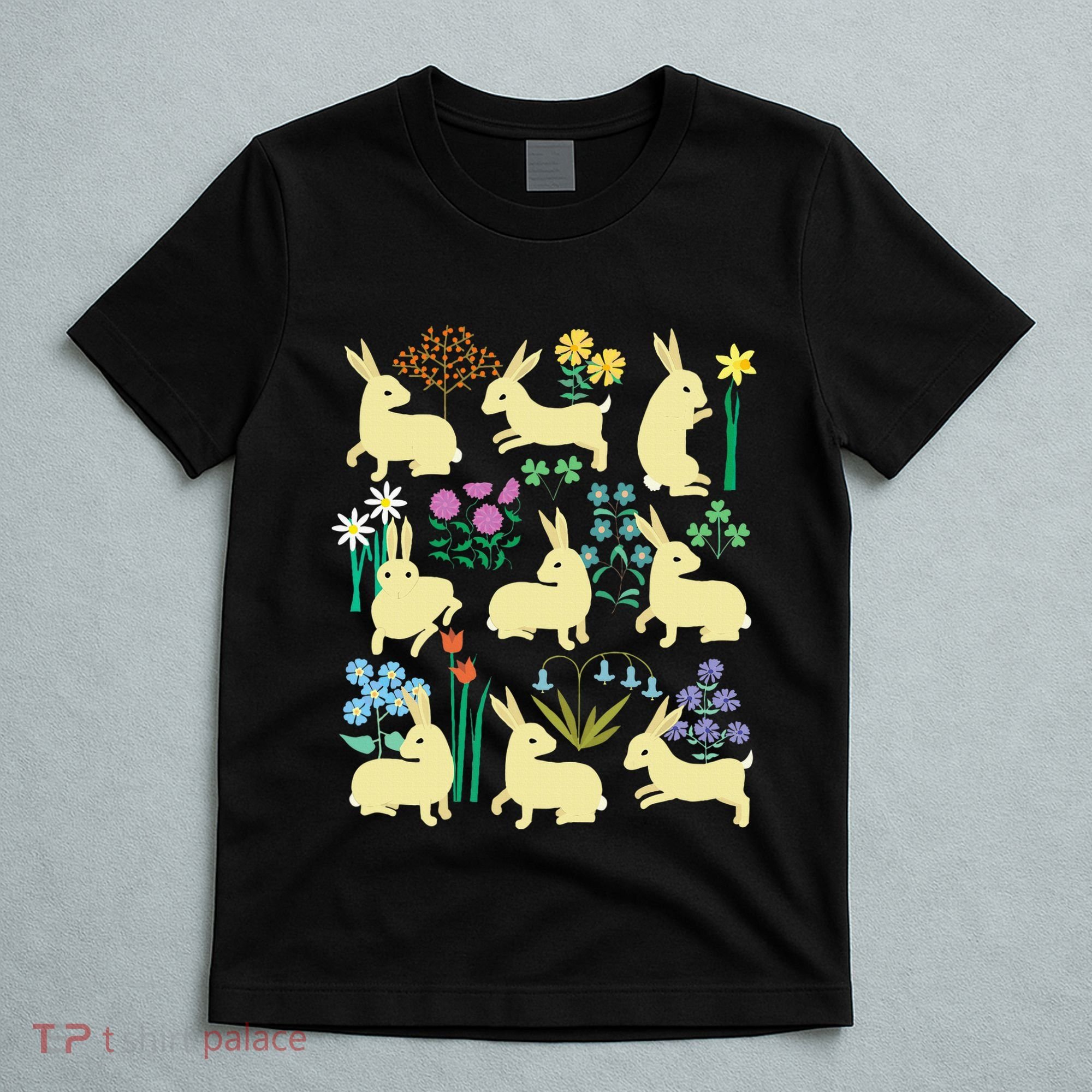 Playful Little Rabbits Among Colorful Flowers T-Shirt