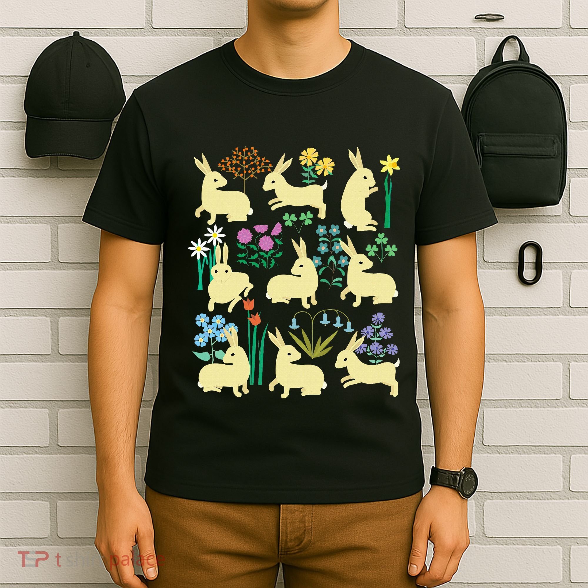 Playful Little Rabbits Among Colorful Flowers T-Shirt