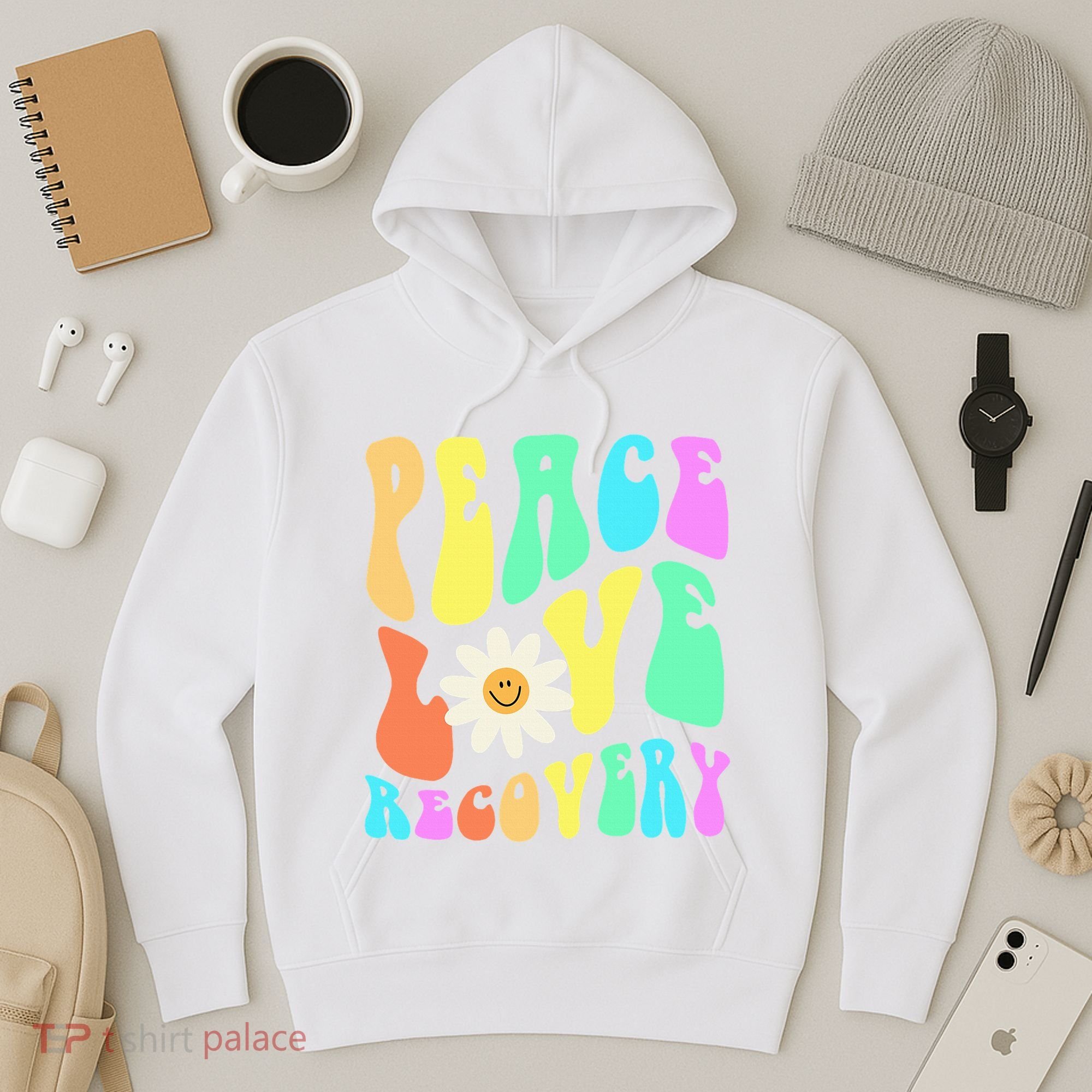 Peace Love Recovery Retro Sober Celebration Hoodie