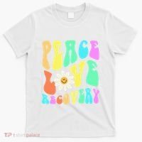 Peace Love Recovery Retro Sober Celebration T-Shirt thumb 0